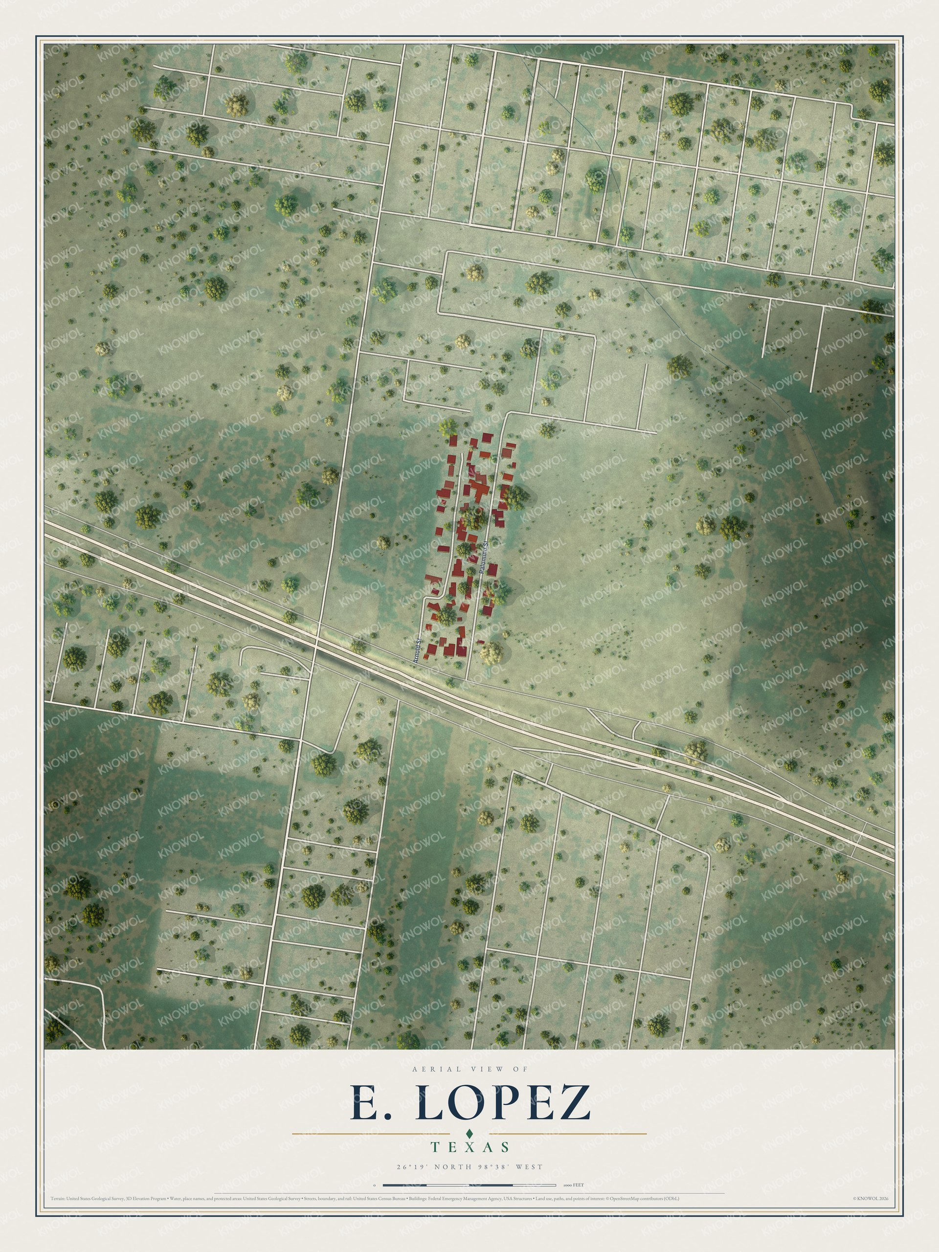 Full map of E. Lopez, Texas, with red buildings, printed street names and the land around them