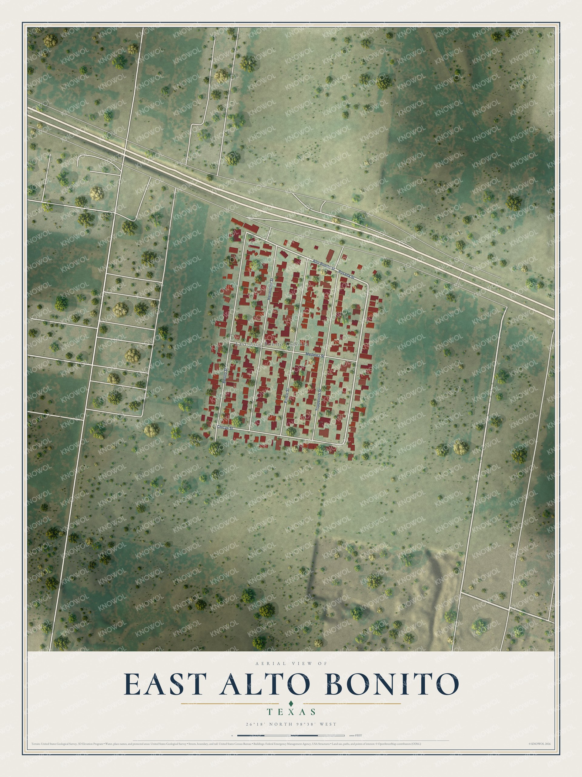 Full map of East Alto Bonito, Texas, with red buildings, printed street names and the land around them