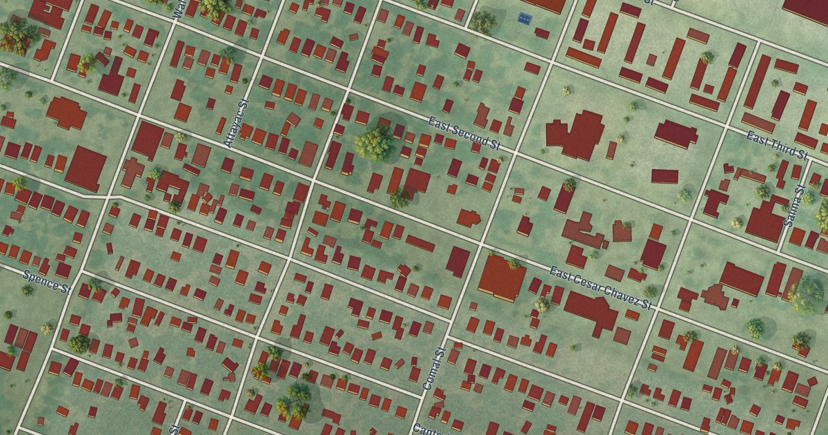 Close-up of streets and buildings in East Cesar Chavez, Texas