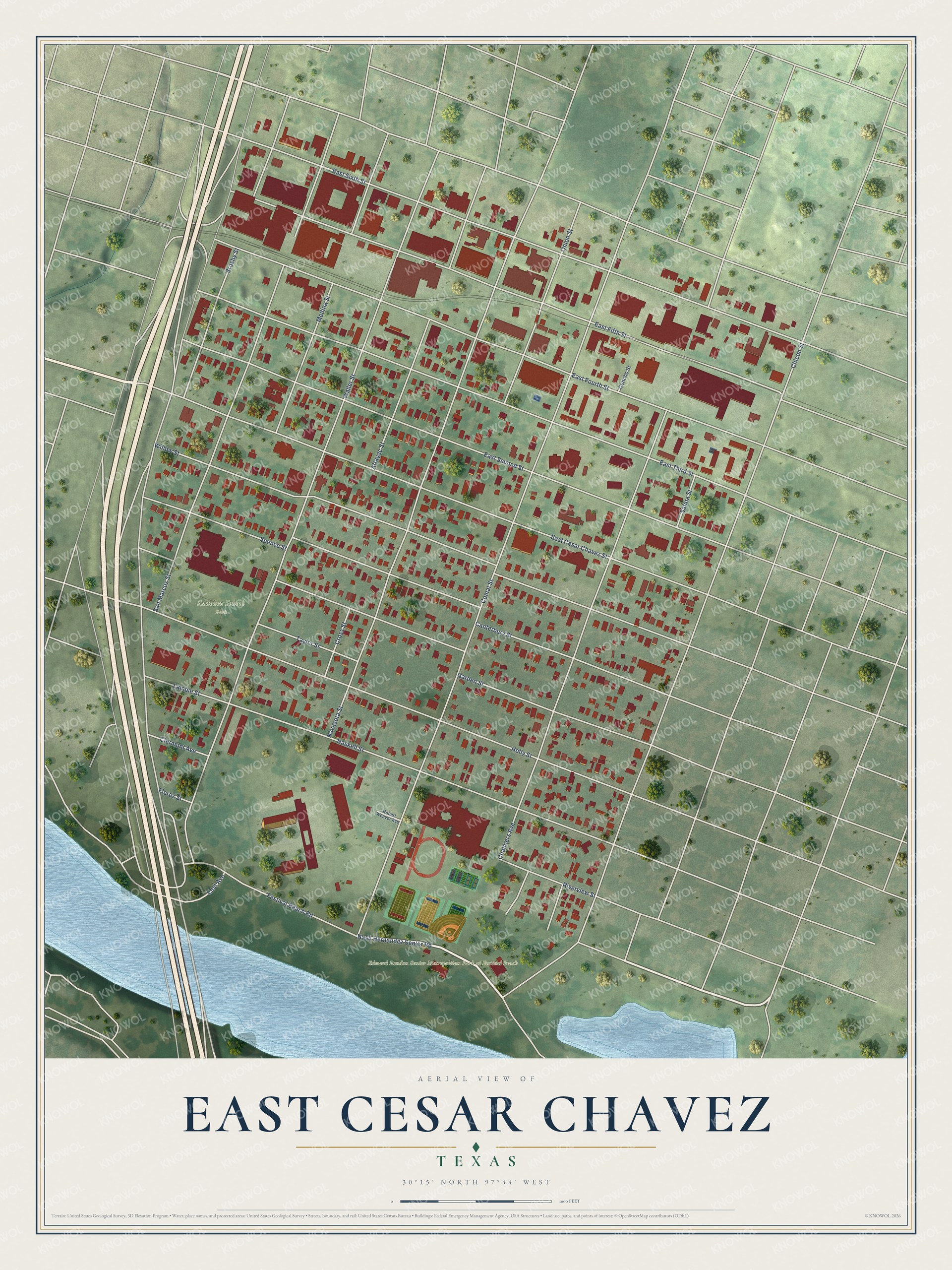 Full map of East Cesar Chavez, Texas, with red buildings, printed street names and the land around them