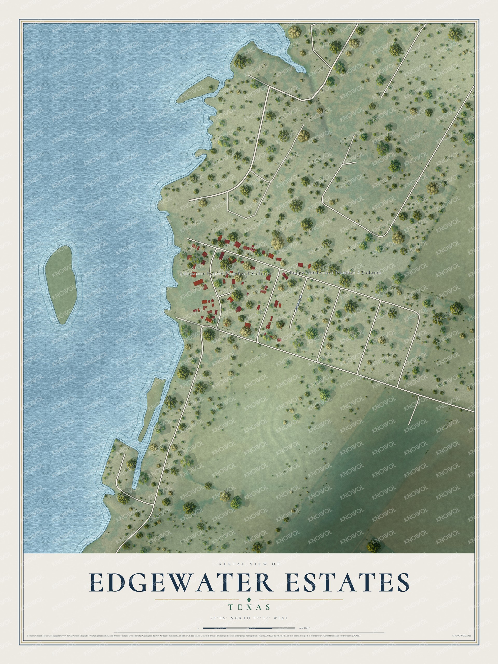 Full map of Edgewater Estates, Texas, with red buildings, printed street names and the land around them