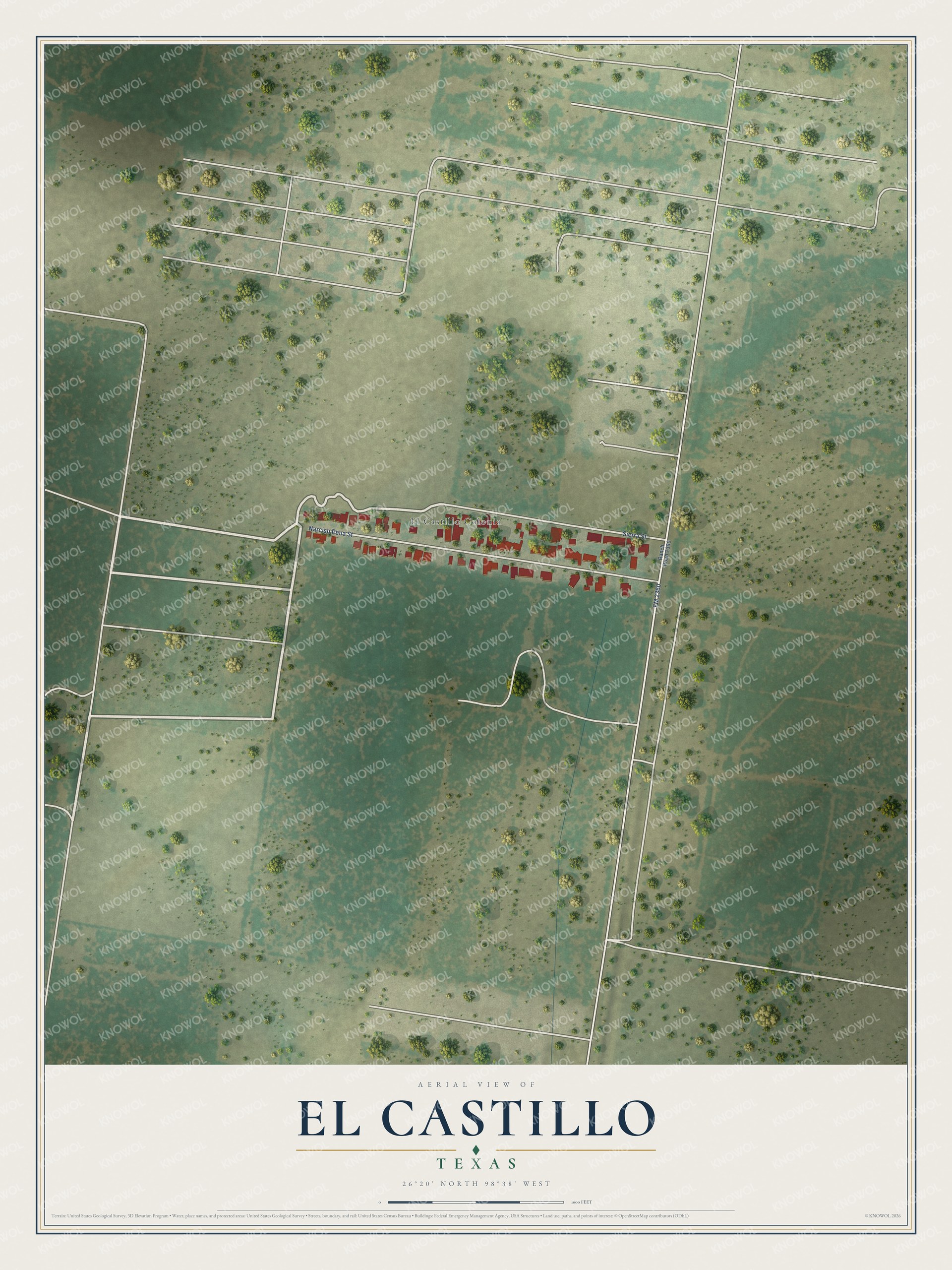 Full map of El Castillo, Texas, with red buildings, printed street names and the land around them