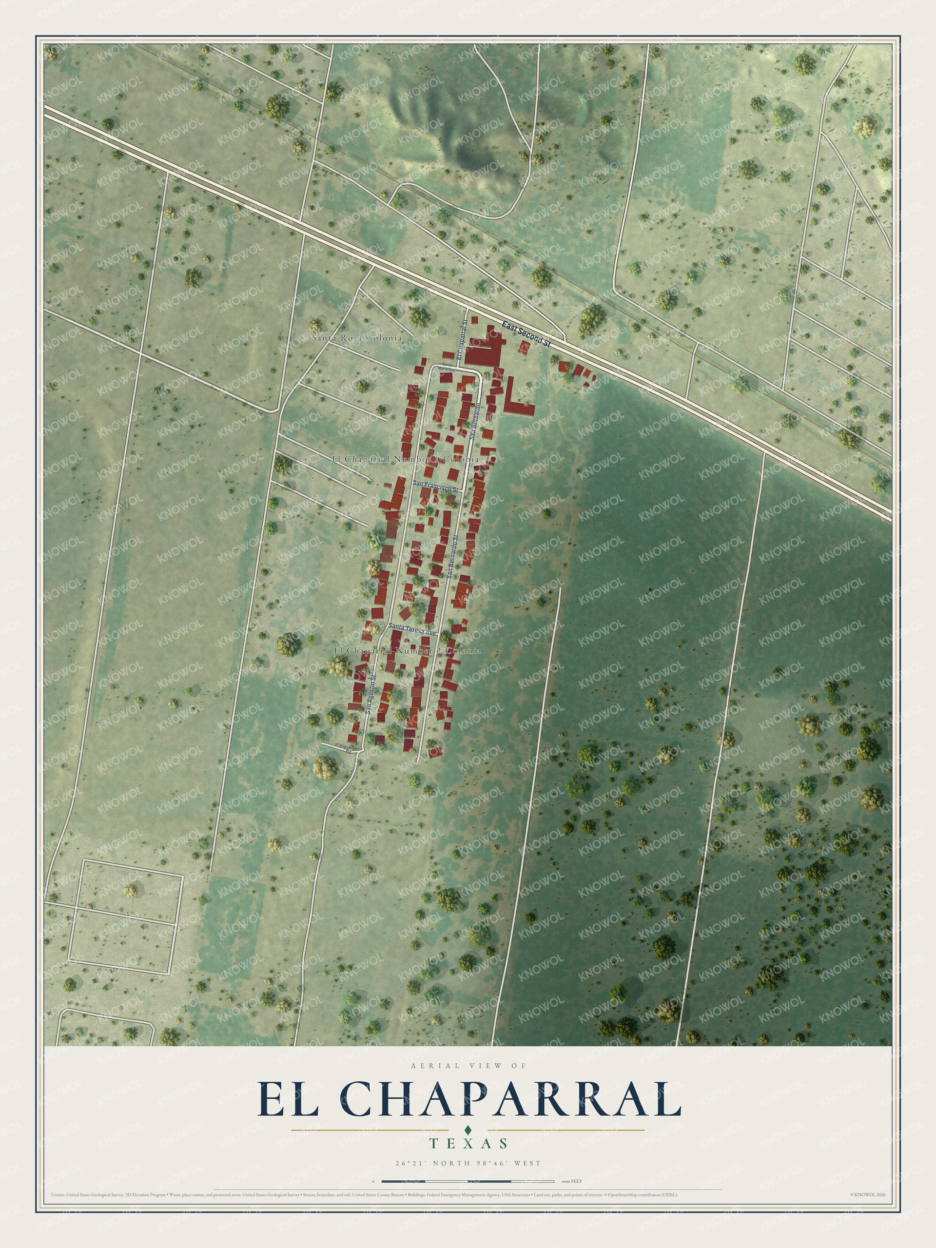 Full map of El Chaparral, Texas, with red buildings, printed street names and the land around them