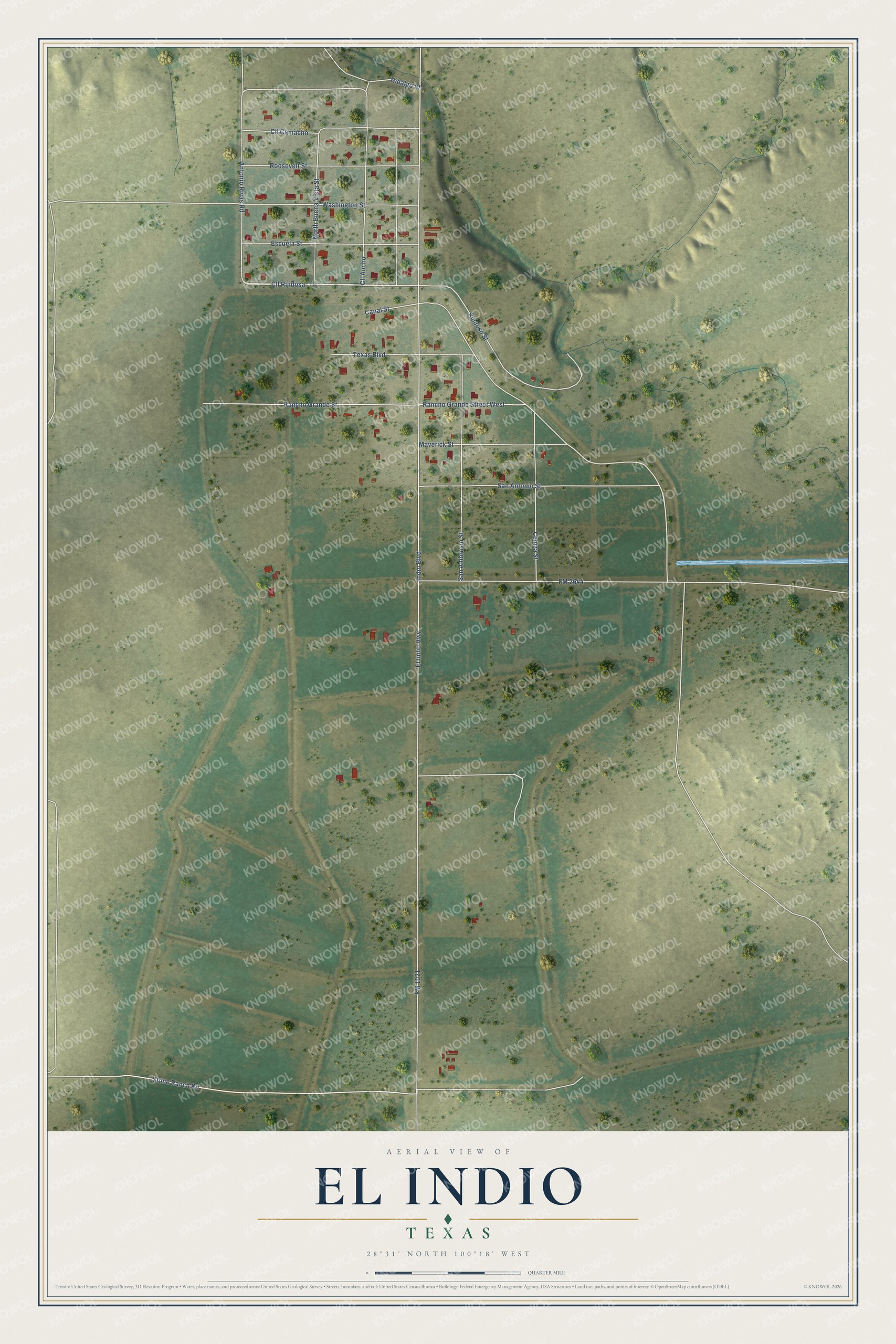 Full map of El Indio, Texas, with red buildings, printed street names and the land around them