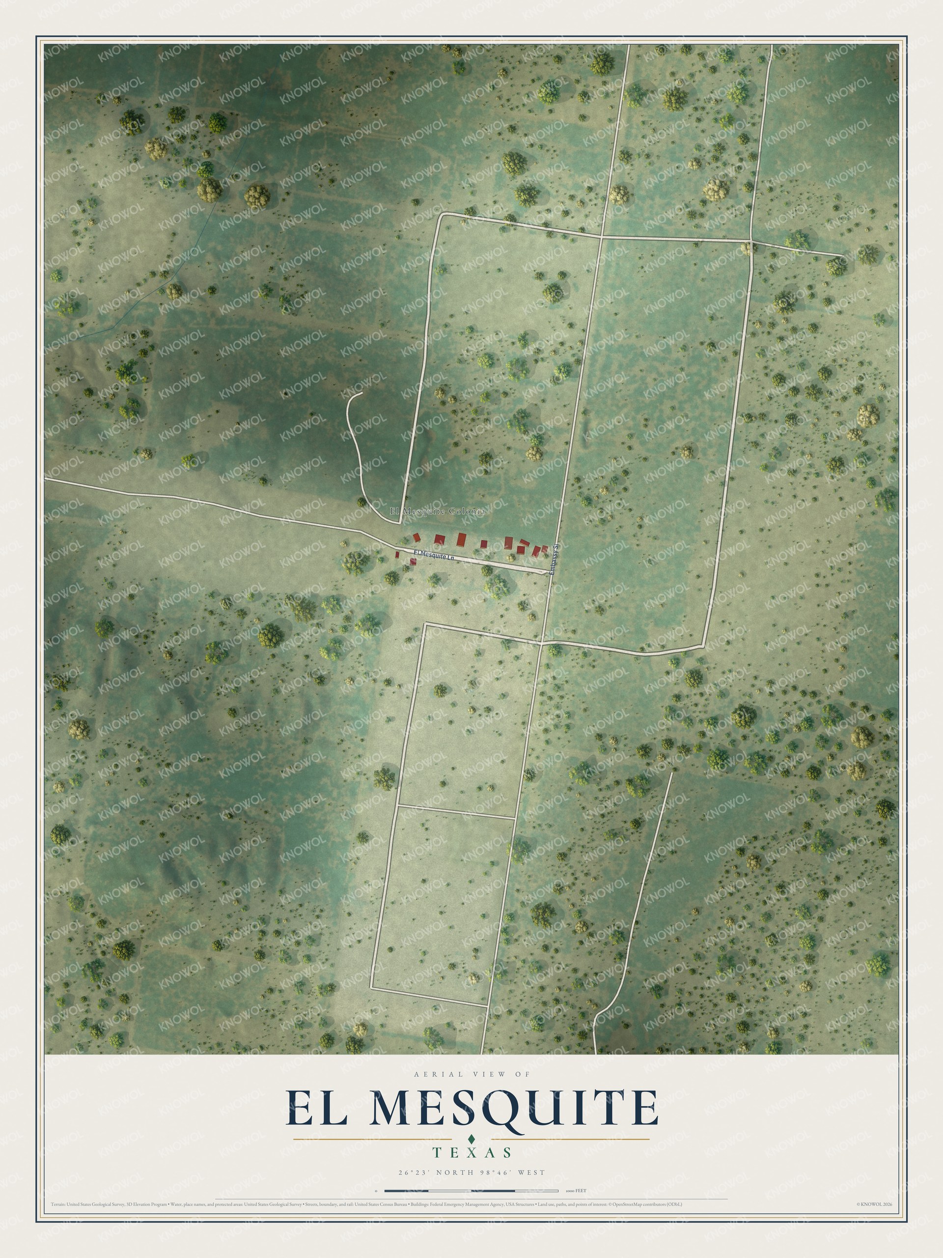Full map of El Mesquite, Texas, with red buildings, printed street names and the land around them