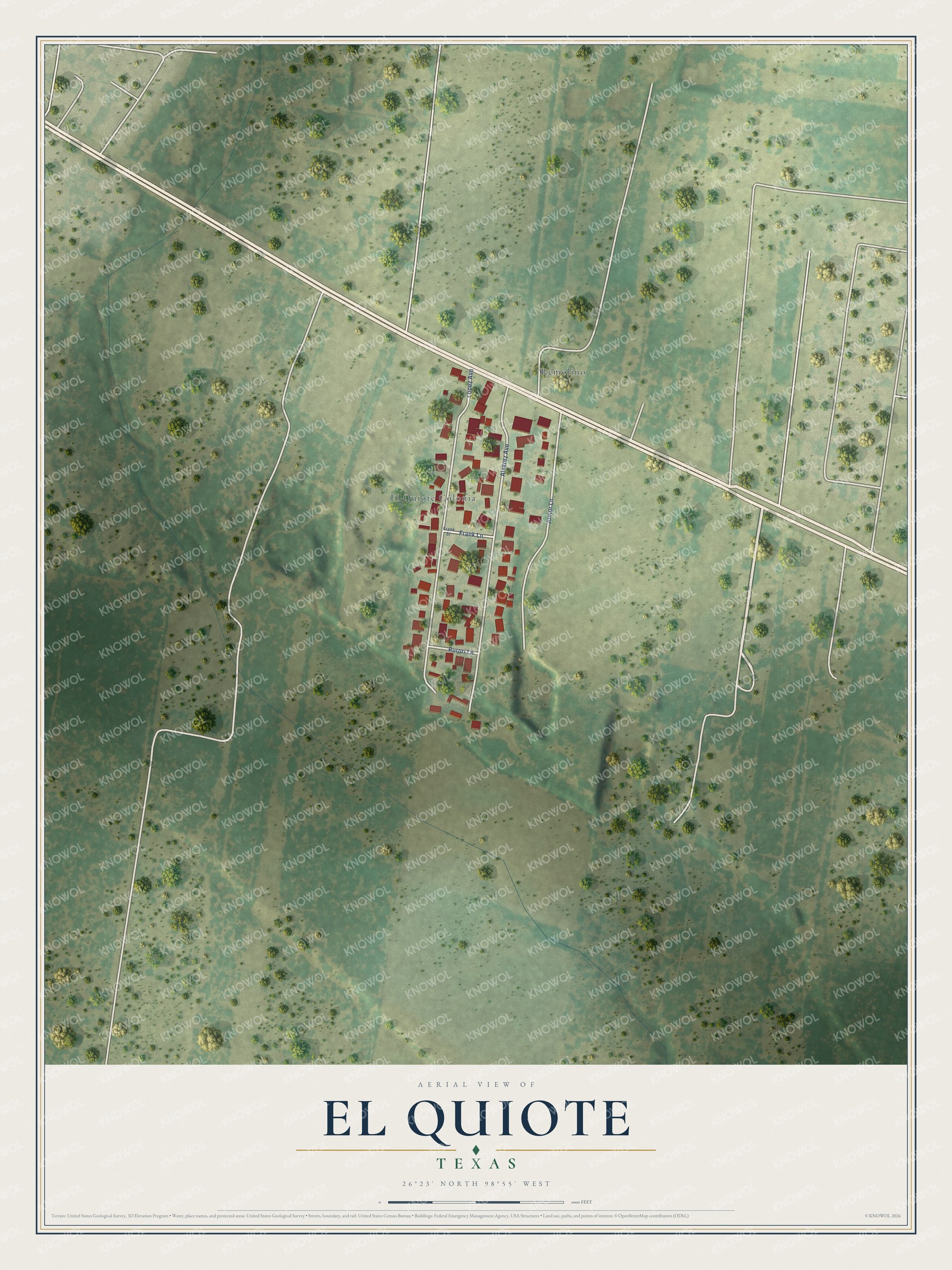 Full map of El Quiote, Texas, with red buildings, printed street names and the land around them