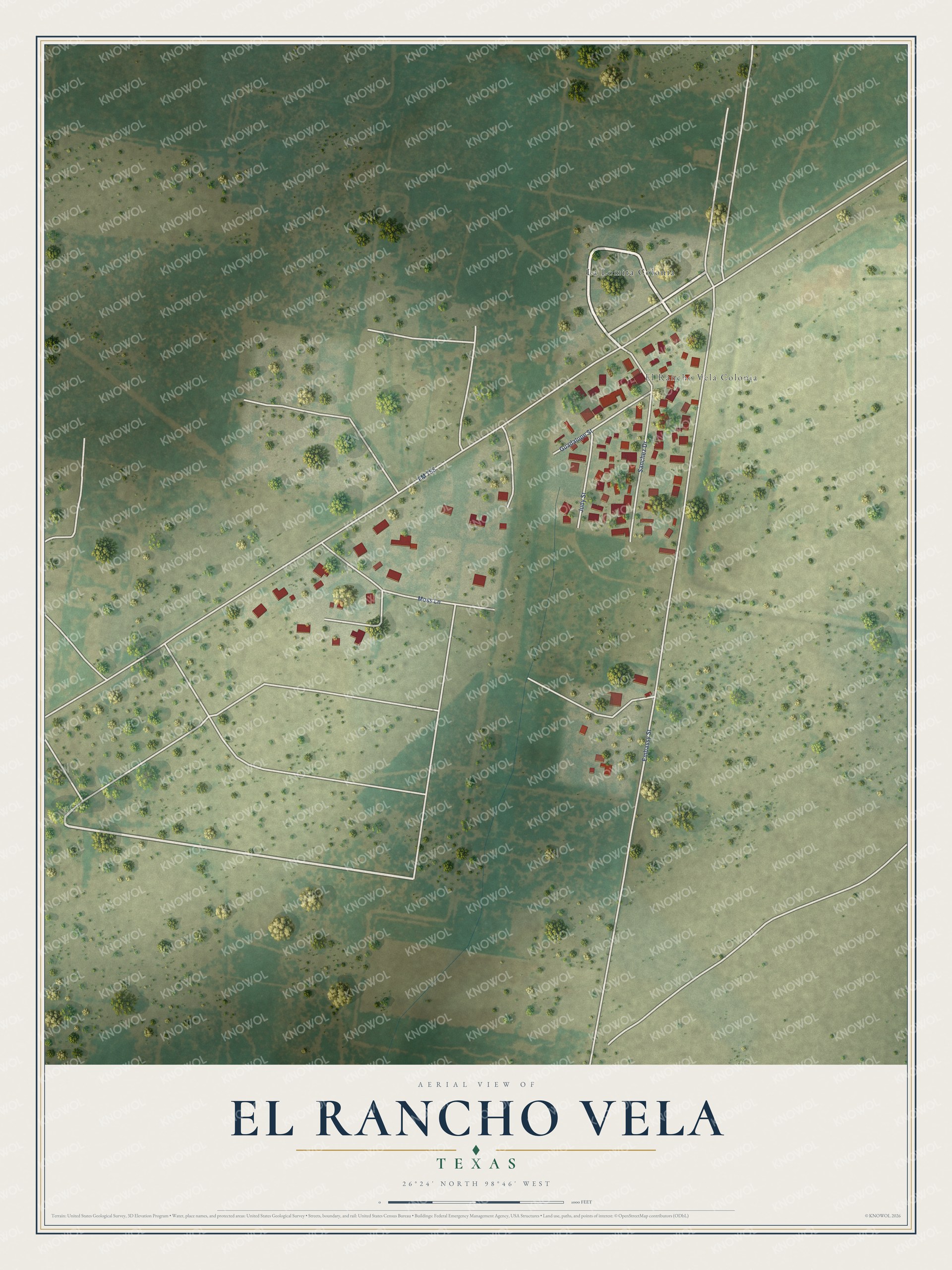 Full map of El Rancho Vela, Texas, with red buildings, printed street names and the land around them