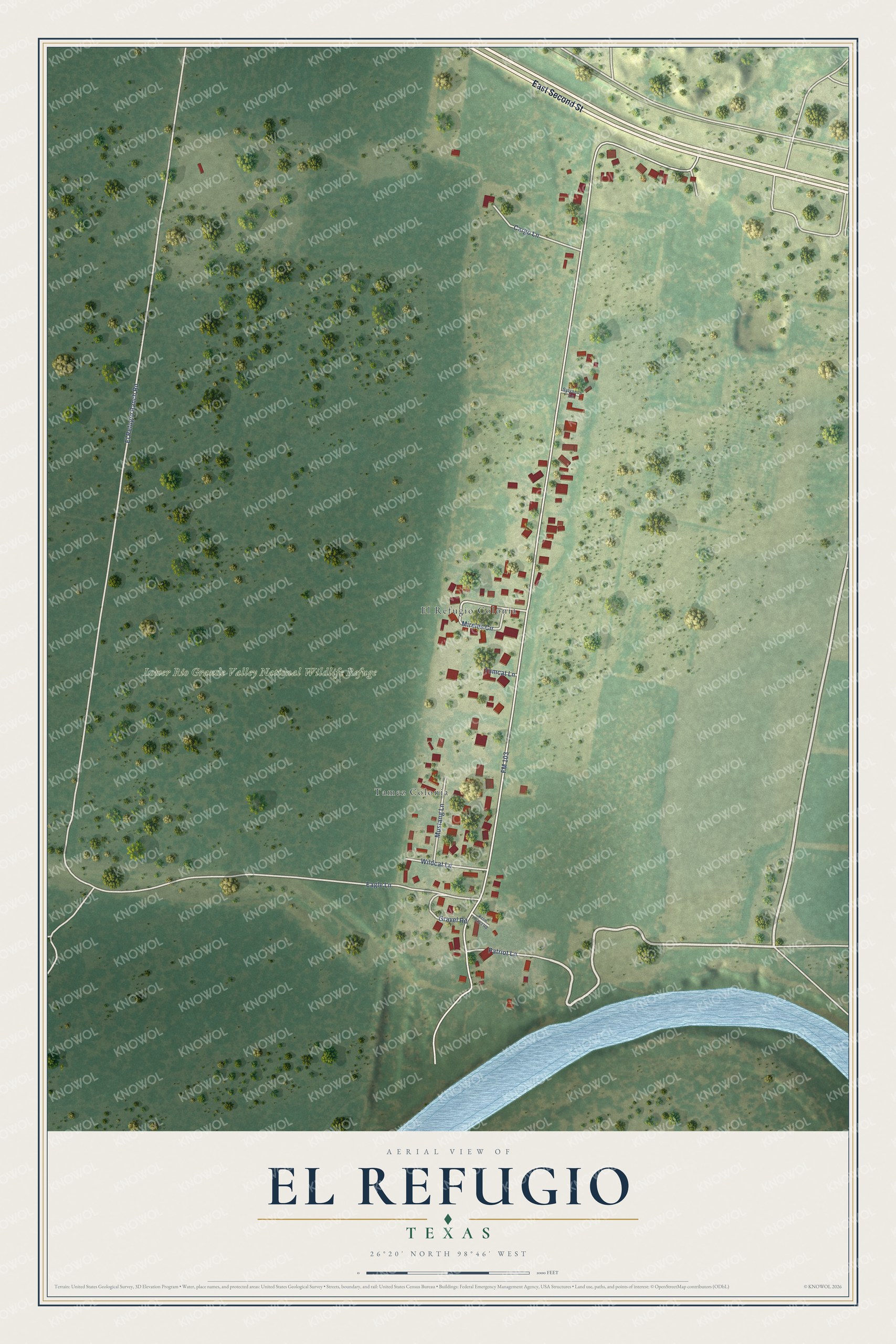 Full map of El Refugio, Texas, with red buildings, printed street names and the land around them