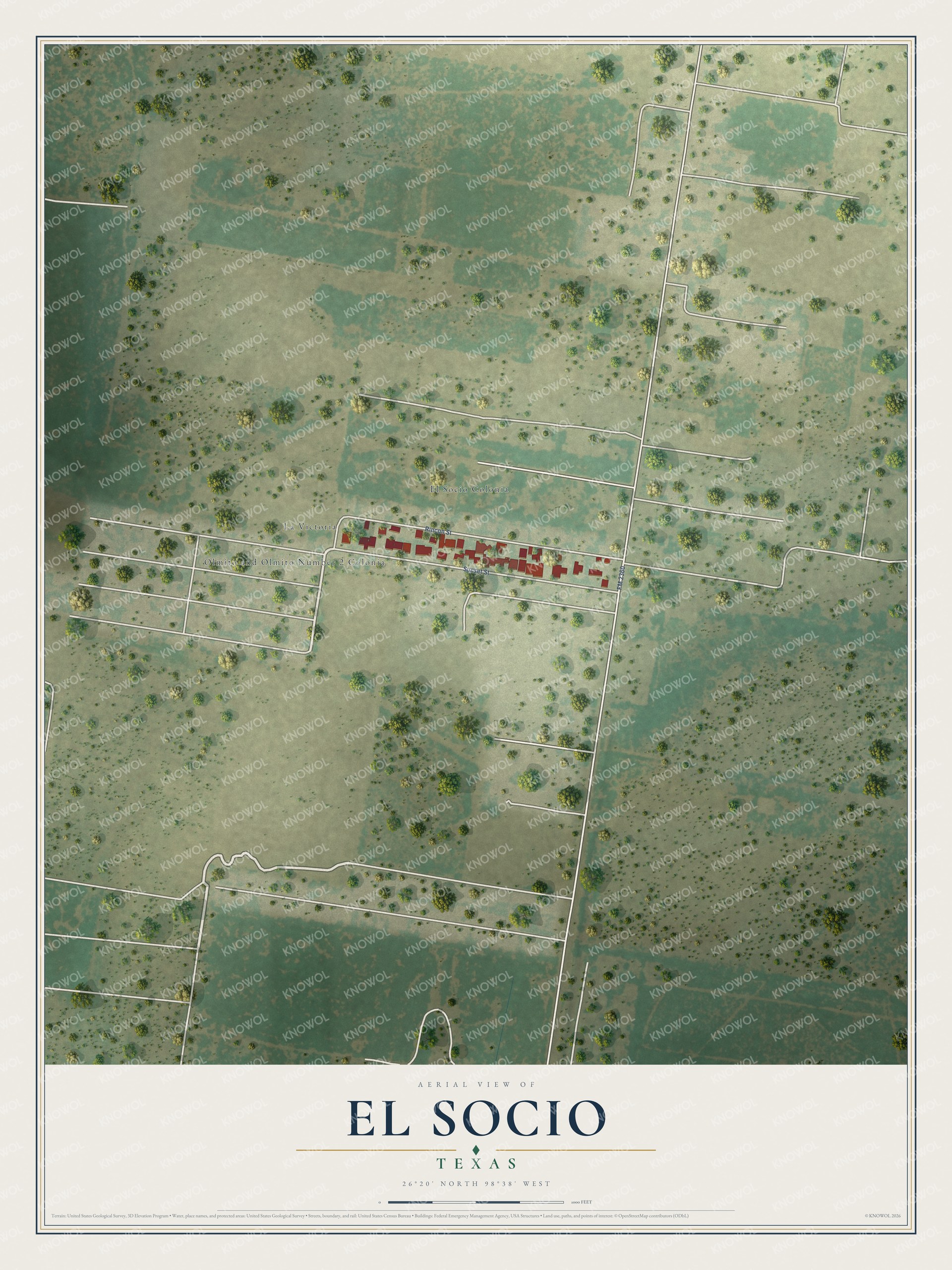 Full map of El Socio, Texas, with red buildings, printed street names and the land around them