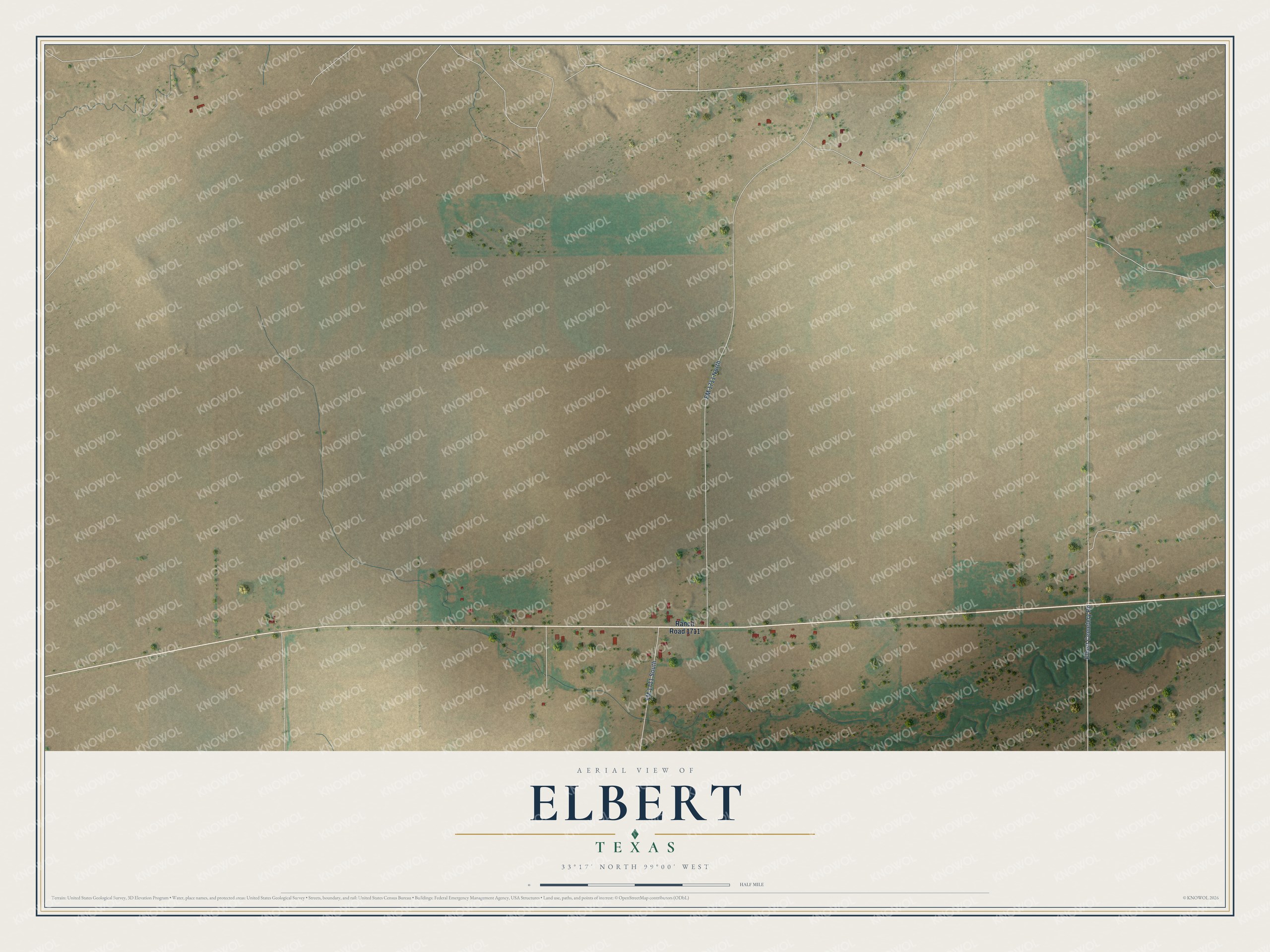 Full map of Elbert, Texas, with red buildings, printed street names and the land around them