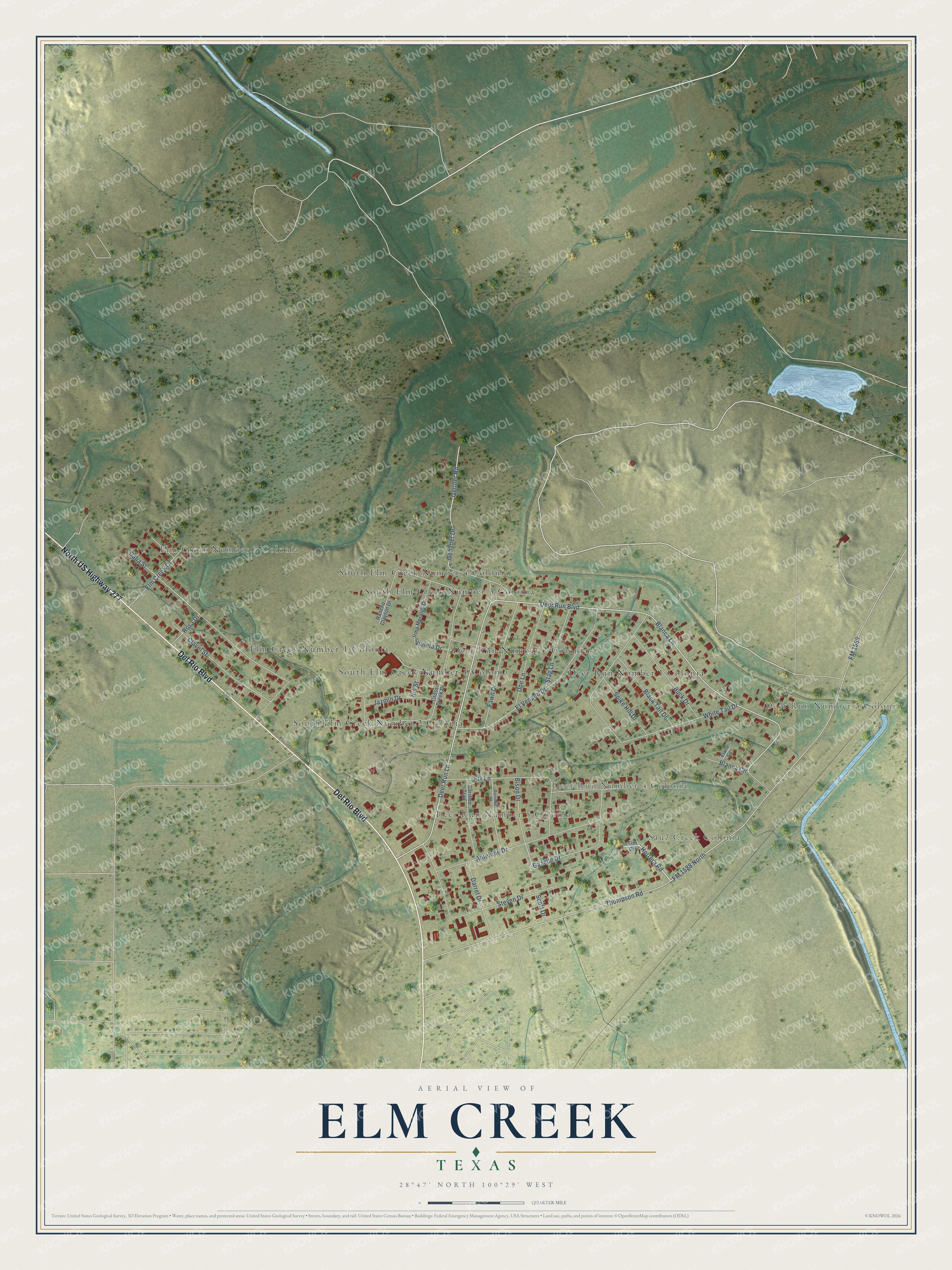 Full map of Elm Creek, Texas, with red buildings, printed street names and the land around them