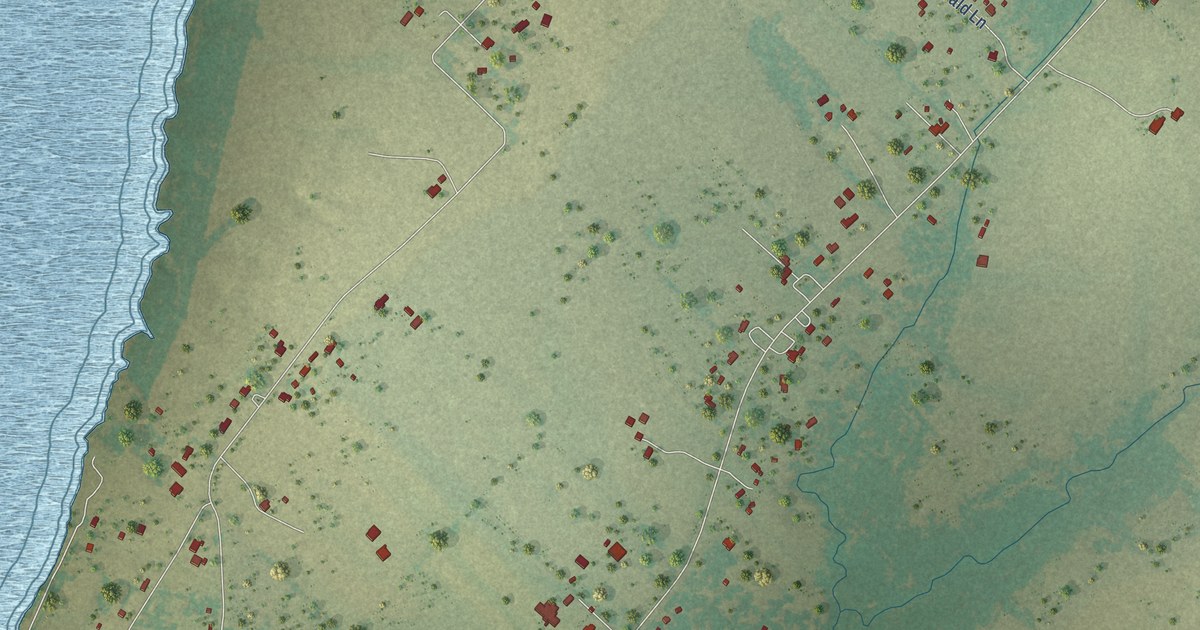 Close-up of streets and buildings in Elmo, Texas