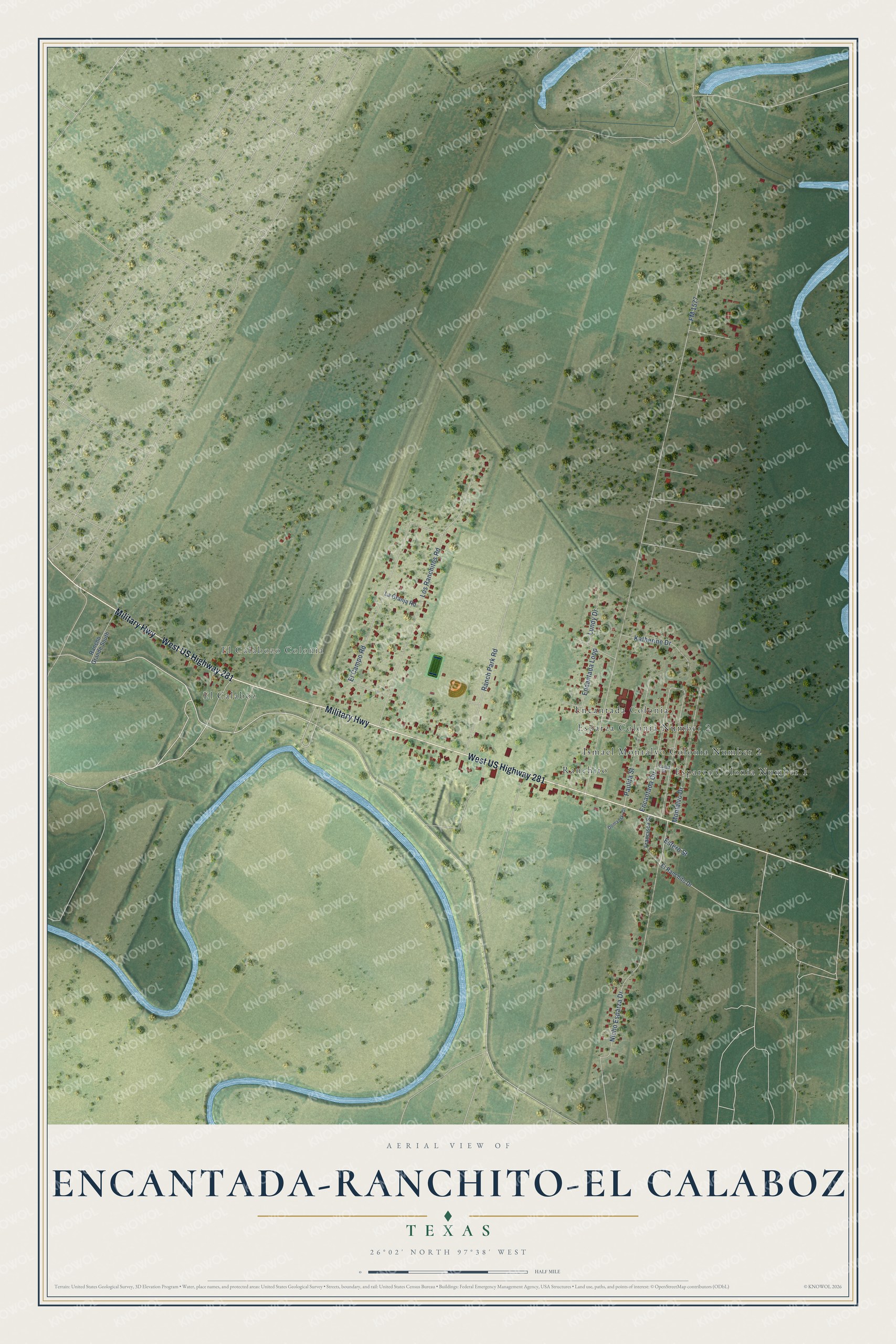 Full map of Encantada-Ranchito-El Calaboz, Texas, with red buildings, printed street names and the land around them