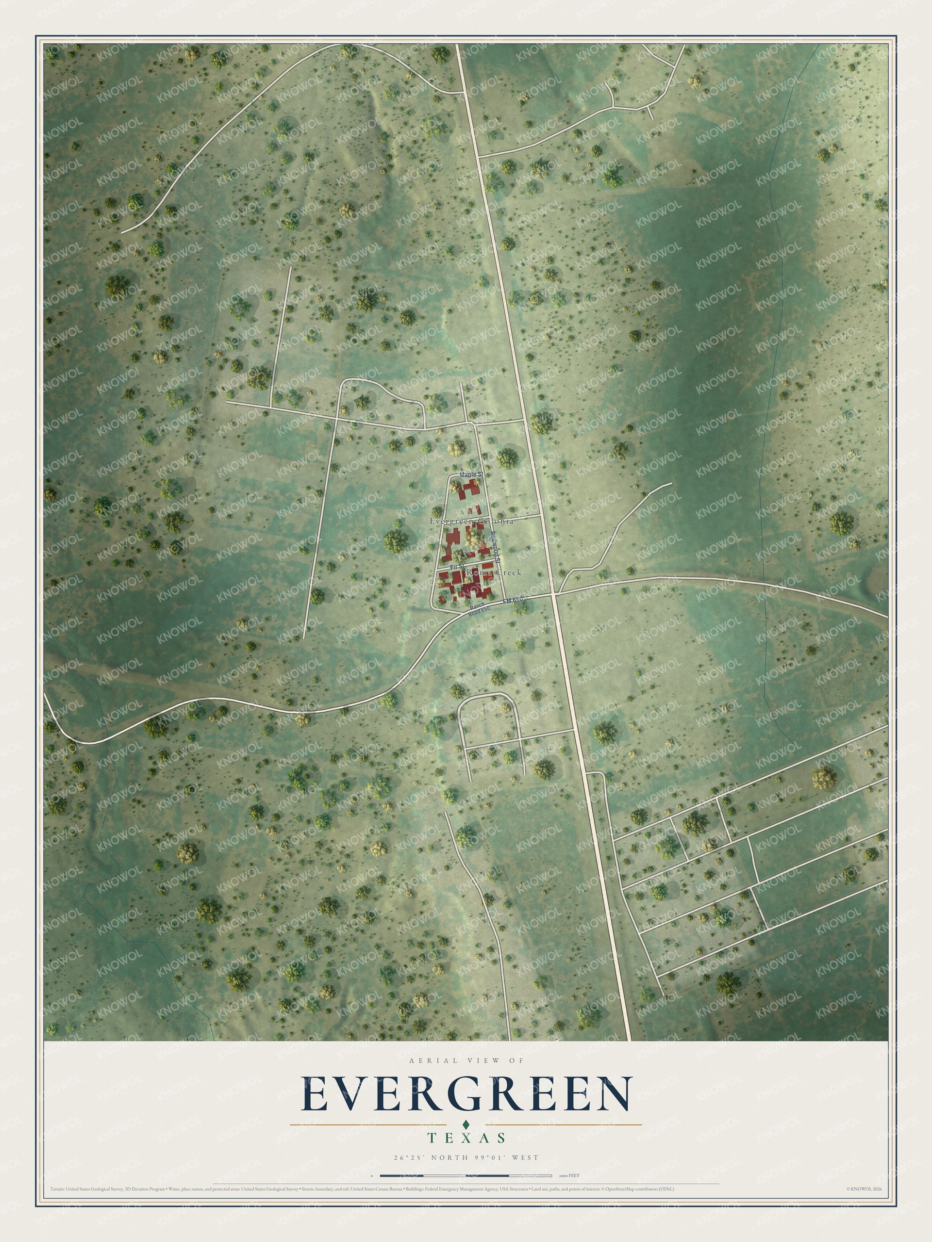 Full map of Evergreen, Texas, with red buildings, printed street names and the land around them