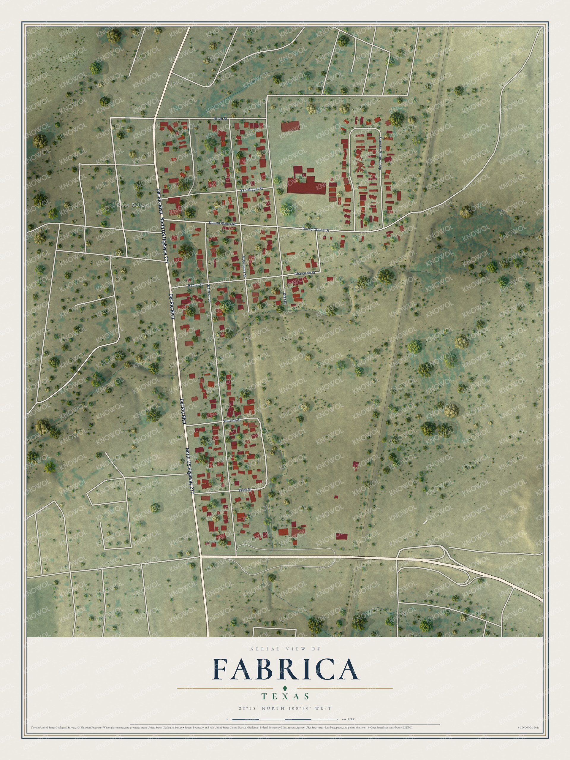 Full map of Fabrica, Texas, with red buildings, printed street names and the land around them