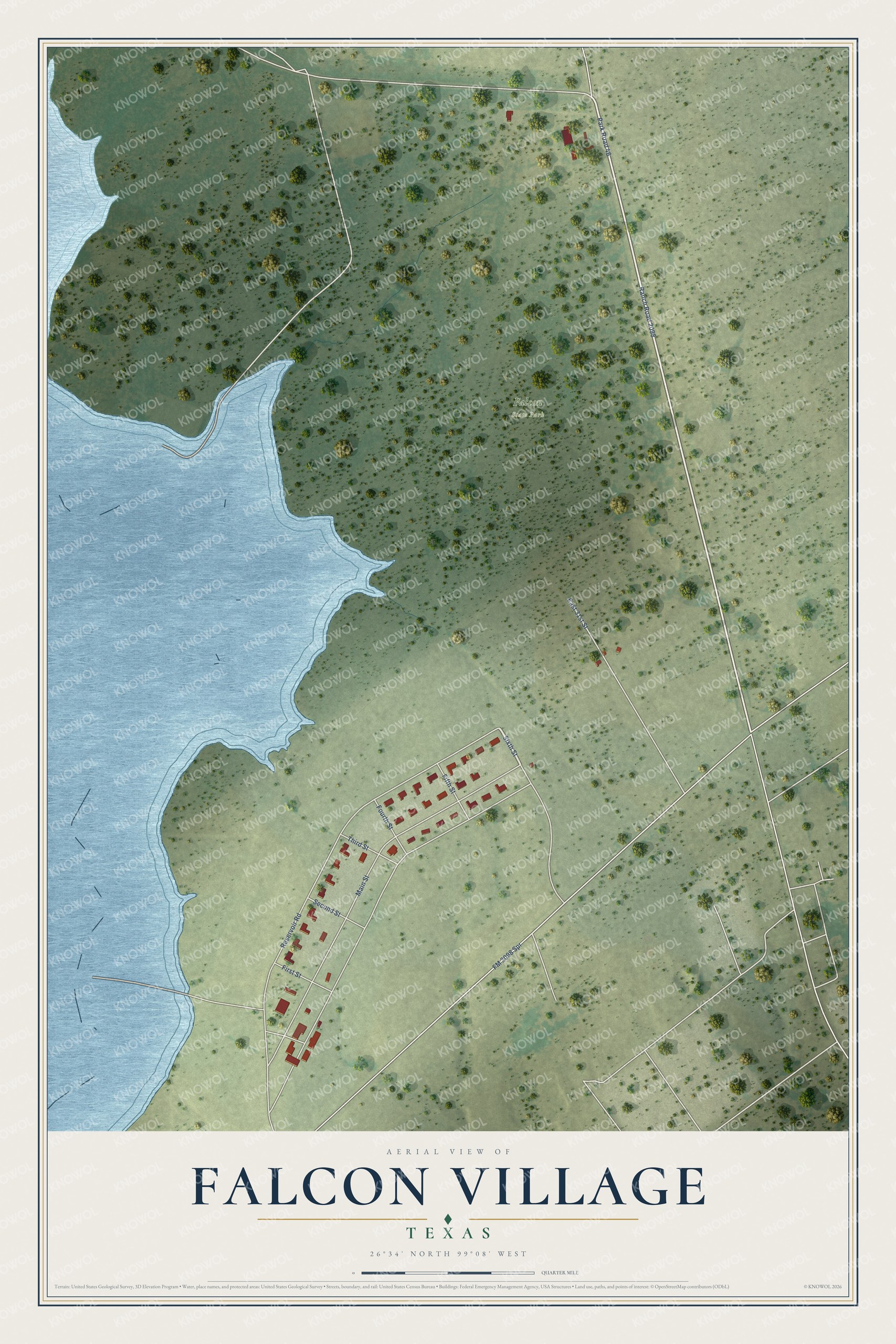 Full map of Falcon Village, Texas, with red buildings, printed street names and the land around them