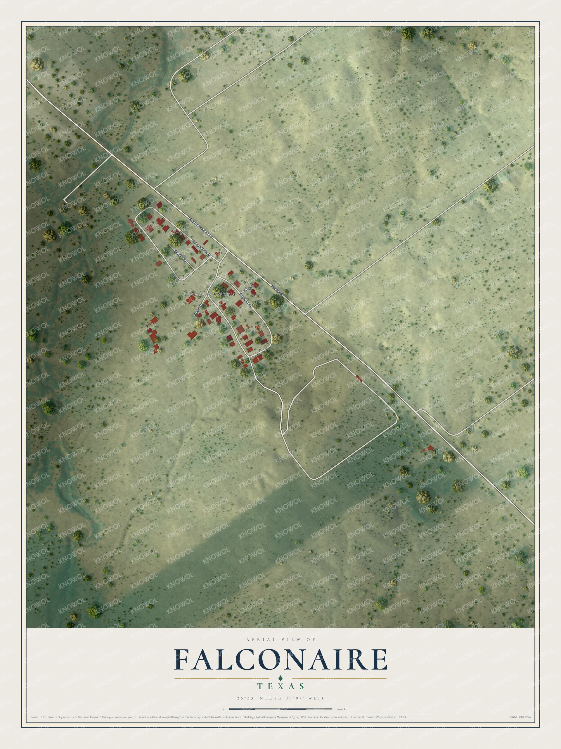 Full map of Falconaire, Texas, with red buildings, printed street names and the land around them