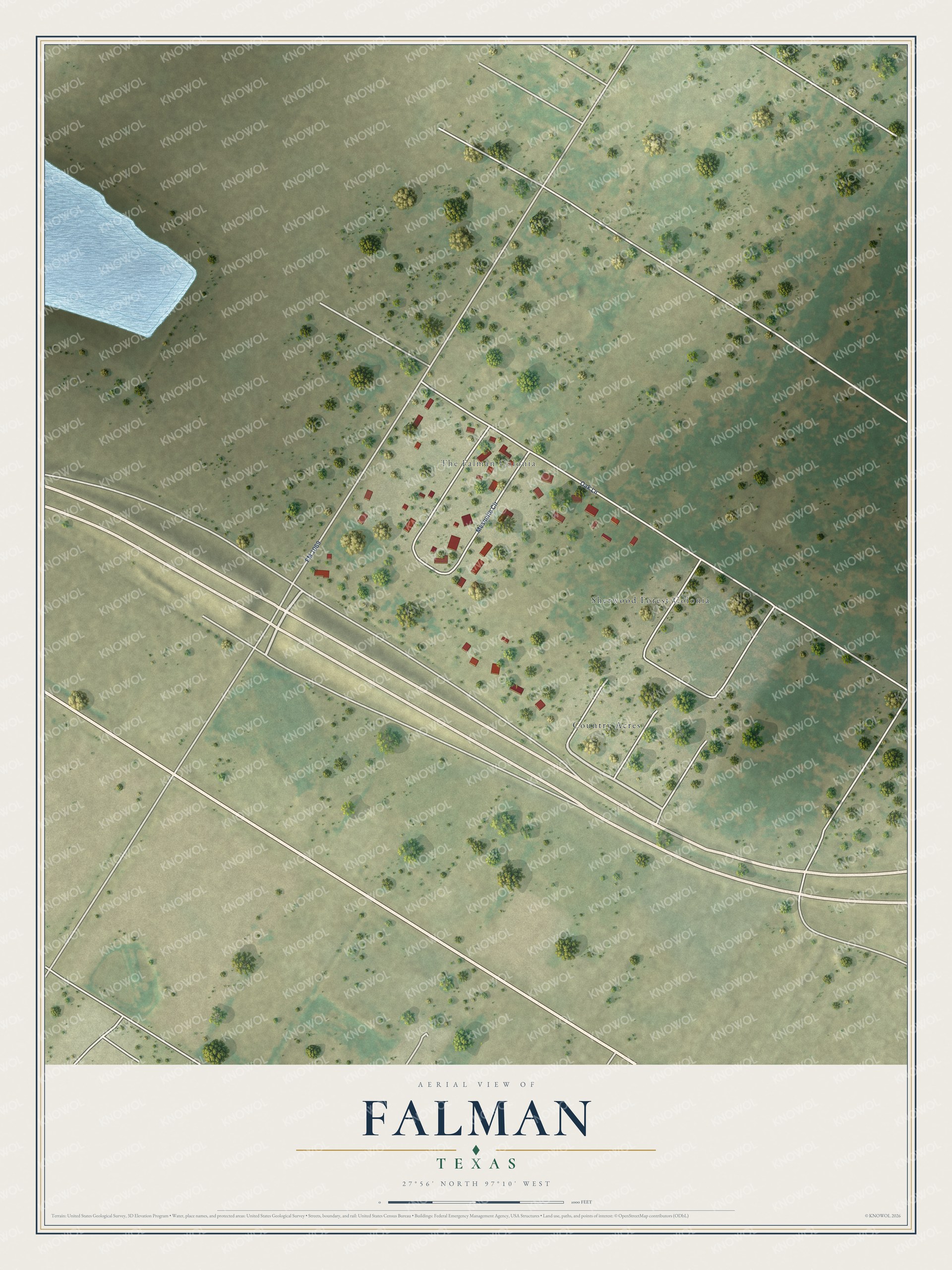 Full map of Falman, Texas, with red buildings, printed street names and the land around them