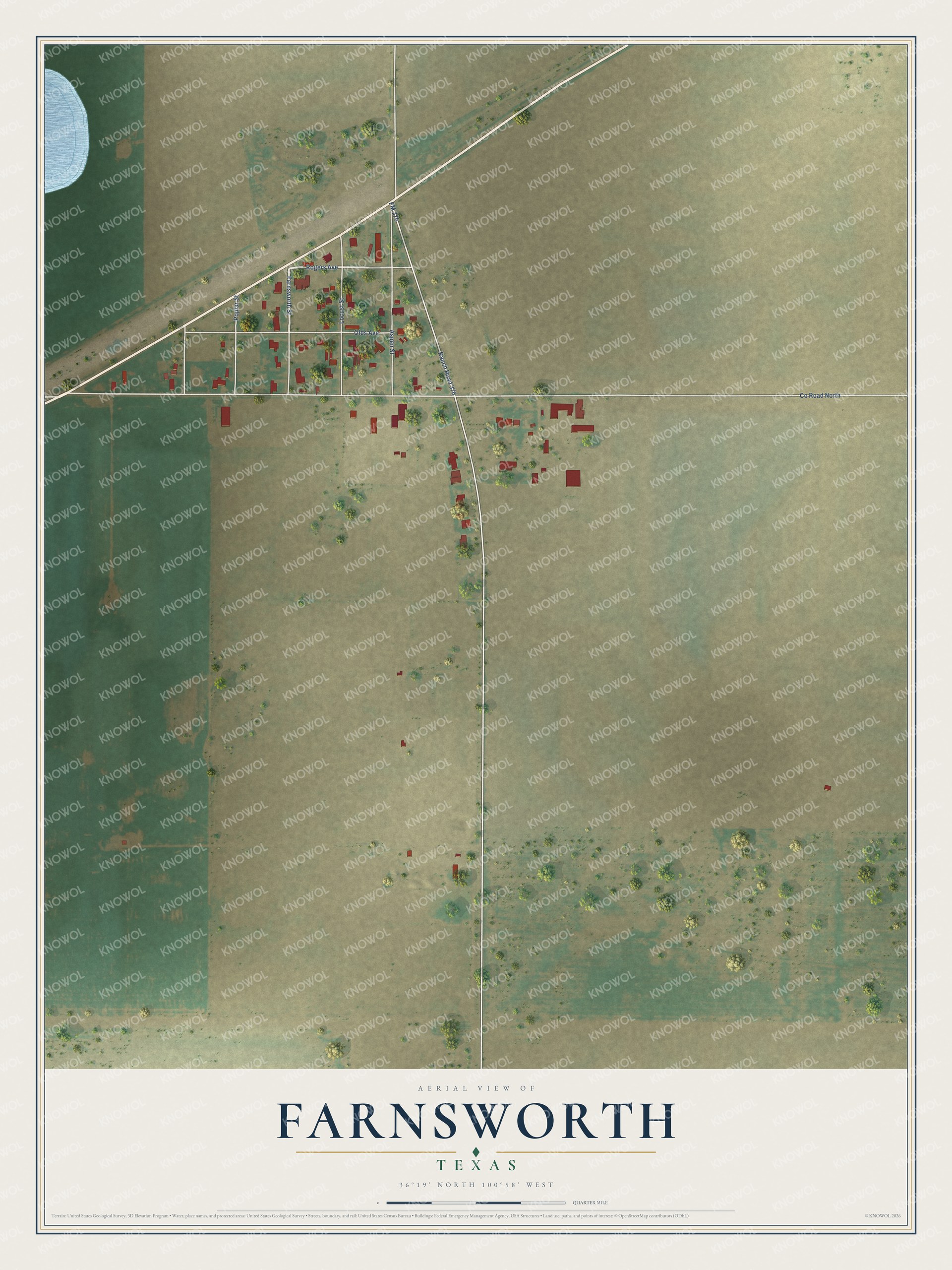 Full map of Farnsworth, Texas, with red buildings, printed street names and the land around them