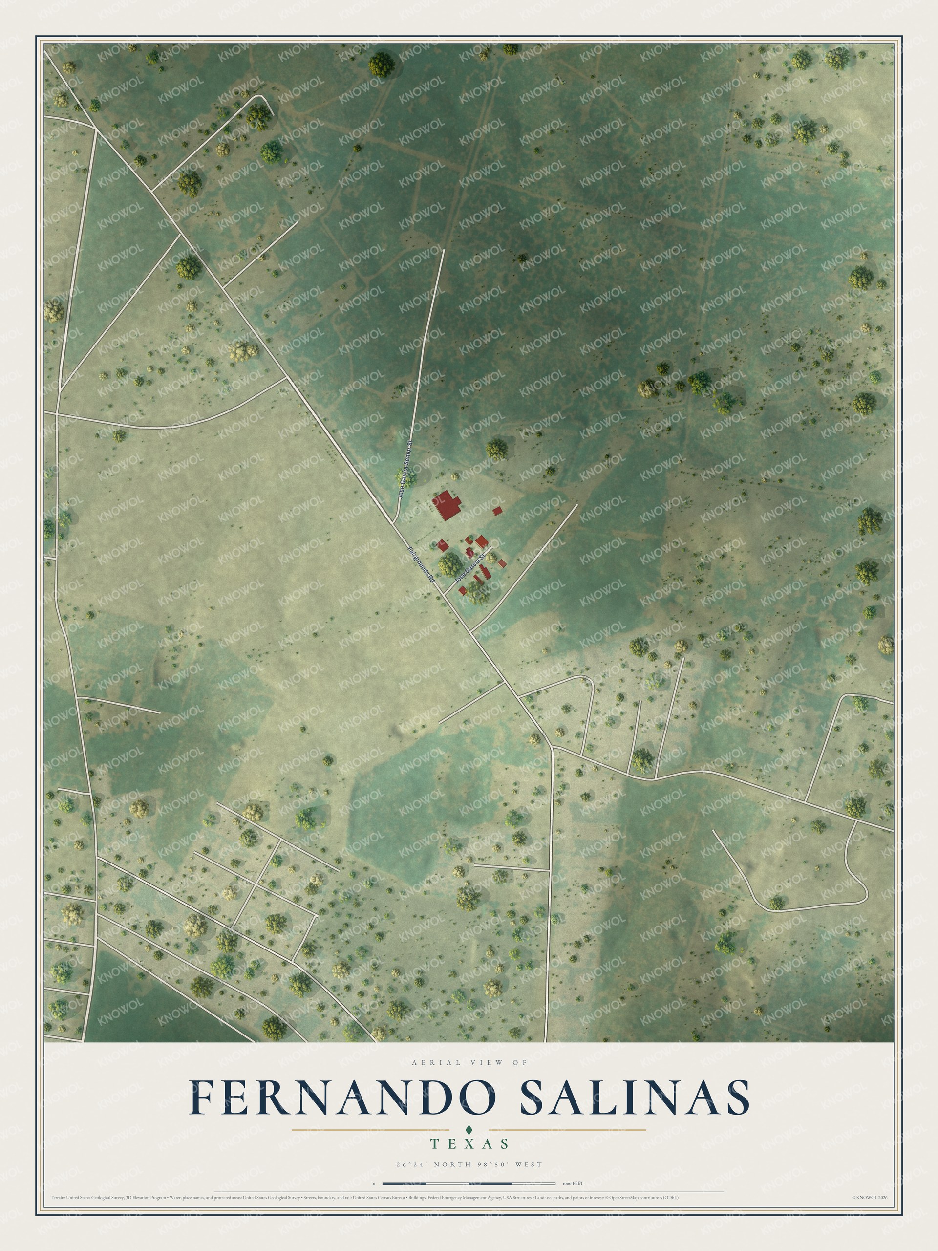 Full map of Fernando Salinas, Texas, with red buildings, printed street names and the land around them