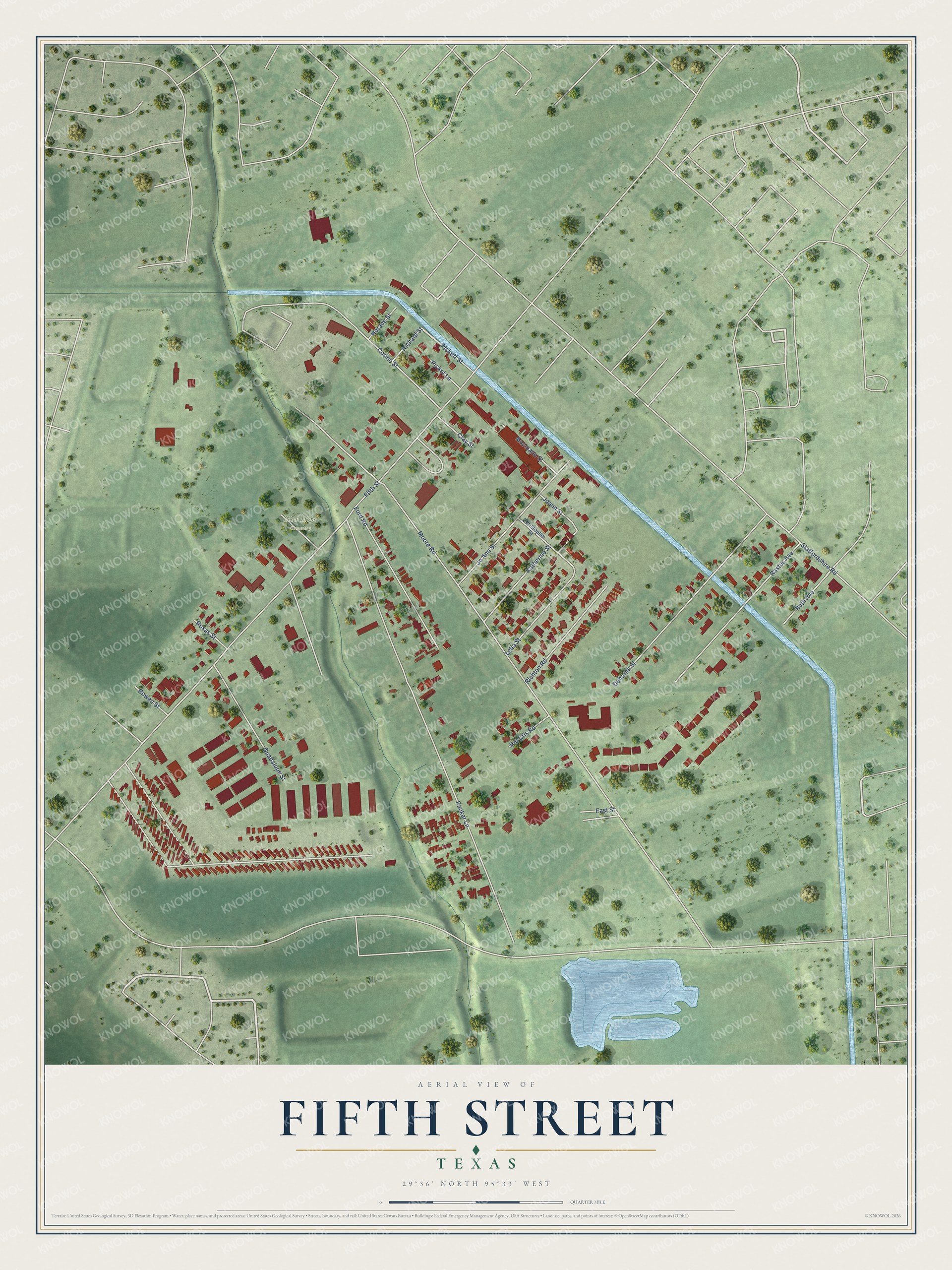 Full map of Fifth Street, Texas, with red buildings, printed street names and the land around them