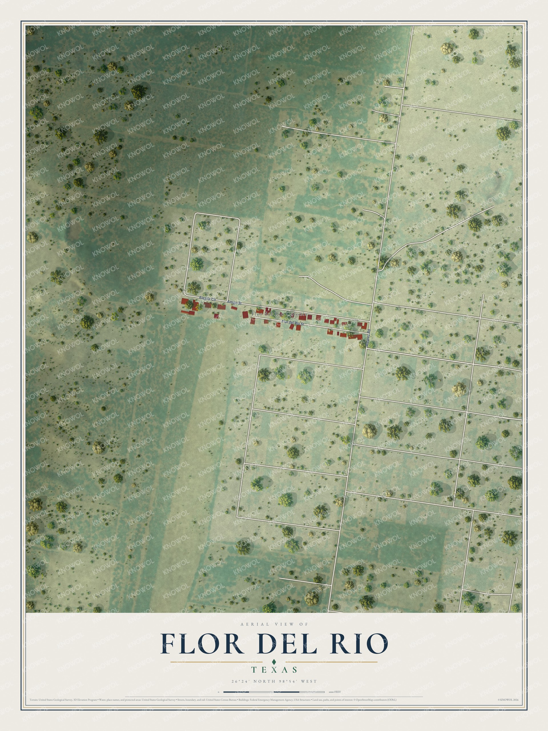 Full map of Flor del Rio, Texas, with red buildings, printed street names and the land around them