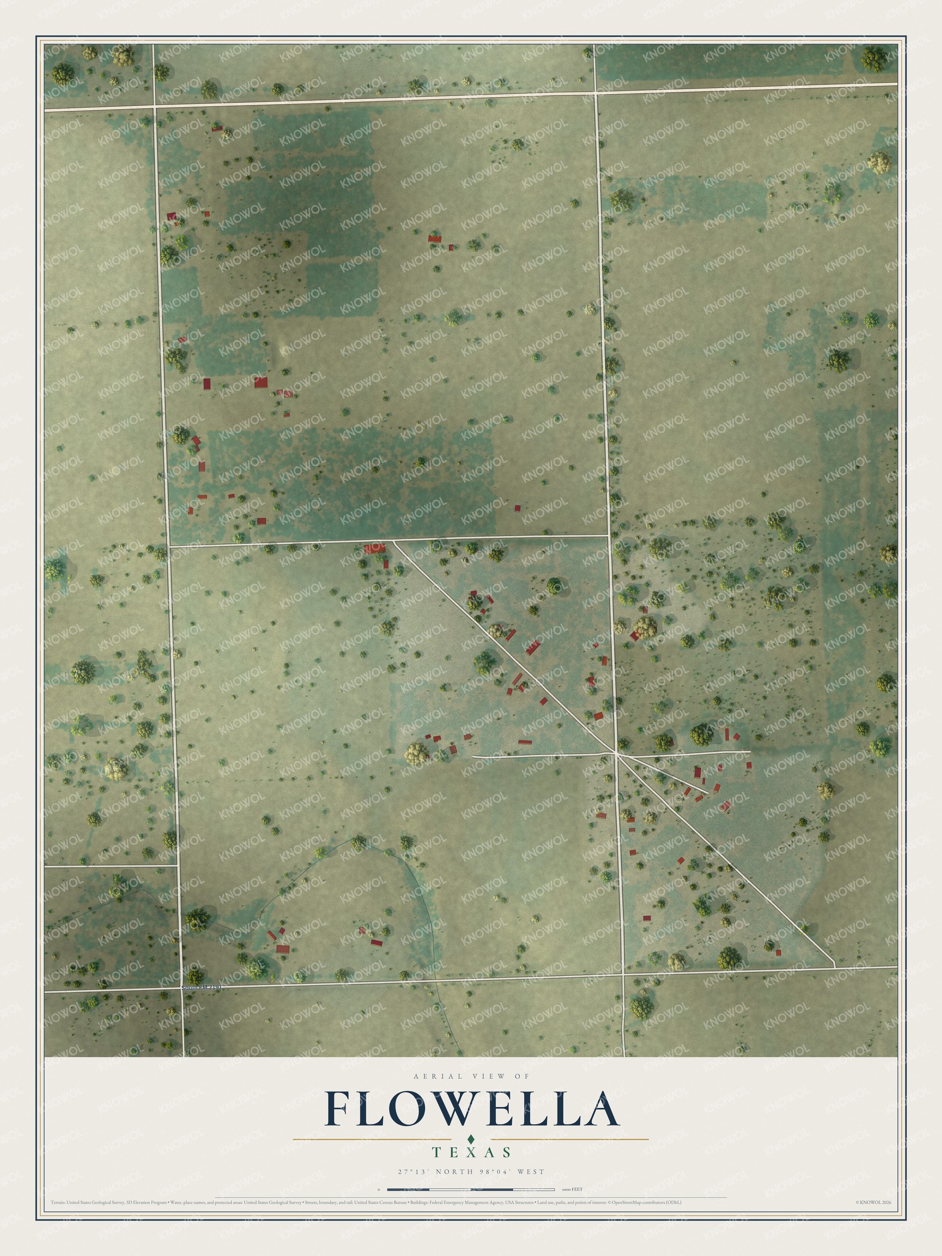 Full map of Flowella, Texas, with red buildings, printed street names and the land around them