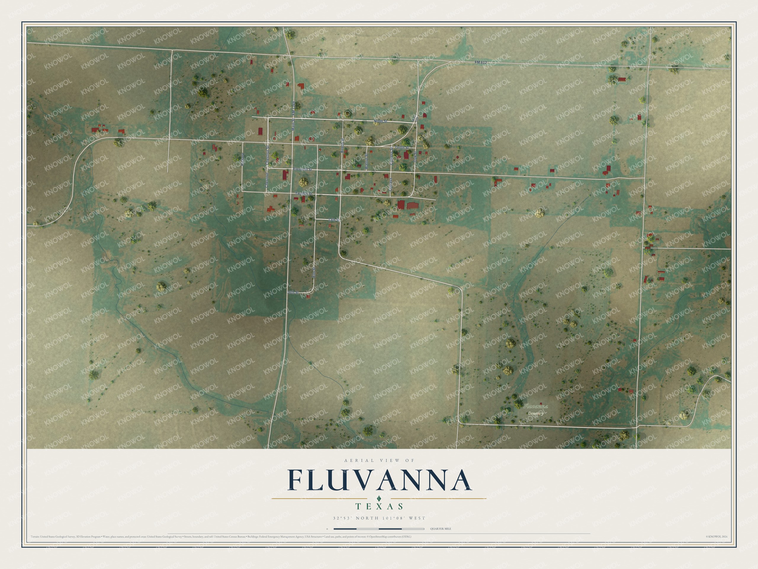 Full map of Fluvanna, Texas, with red buildings, printed street names and the land around them