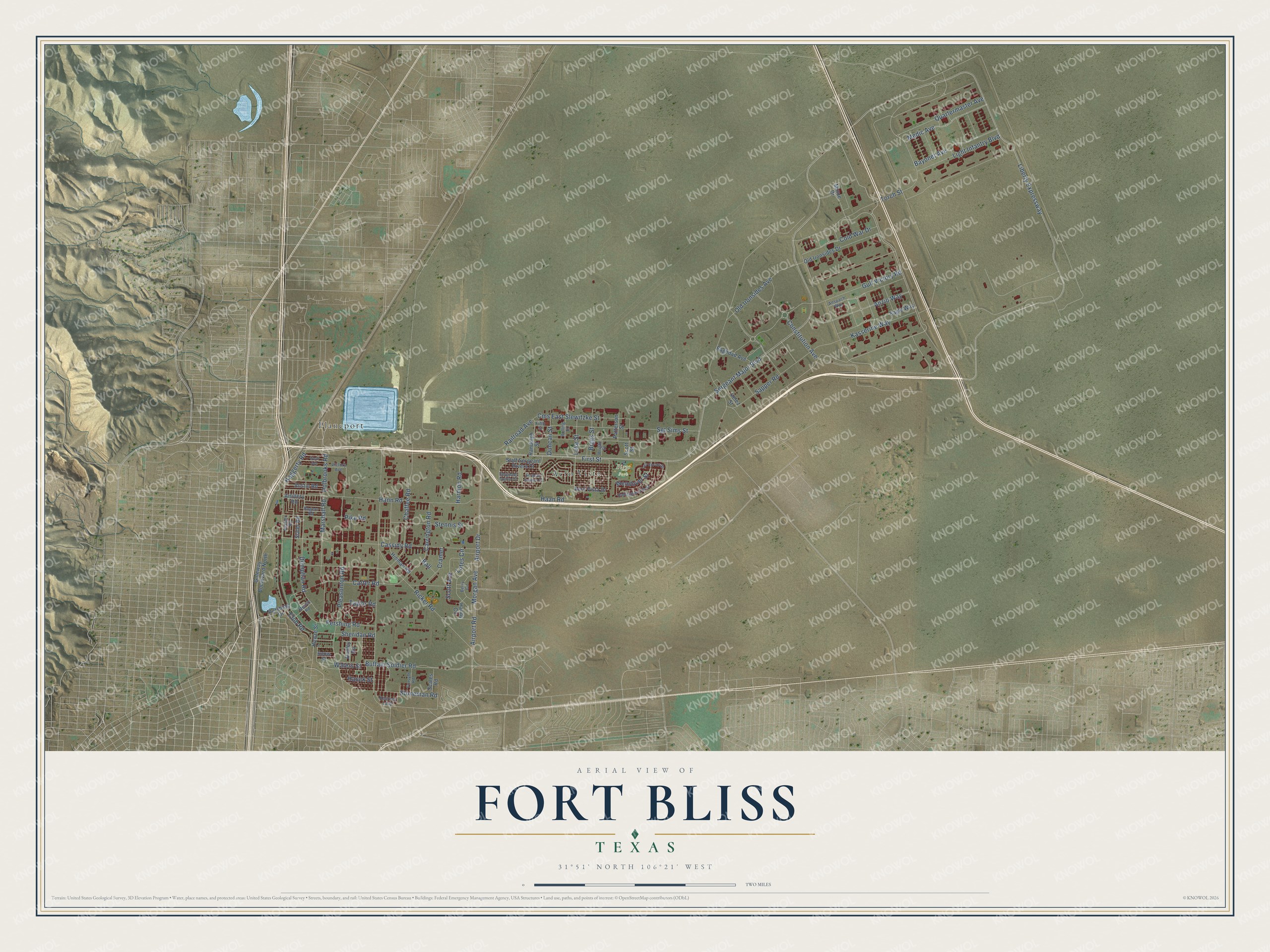 Full map of Fort Bliss, Texas, with red buildings, printed street names and the land around them