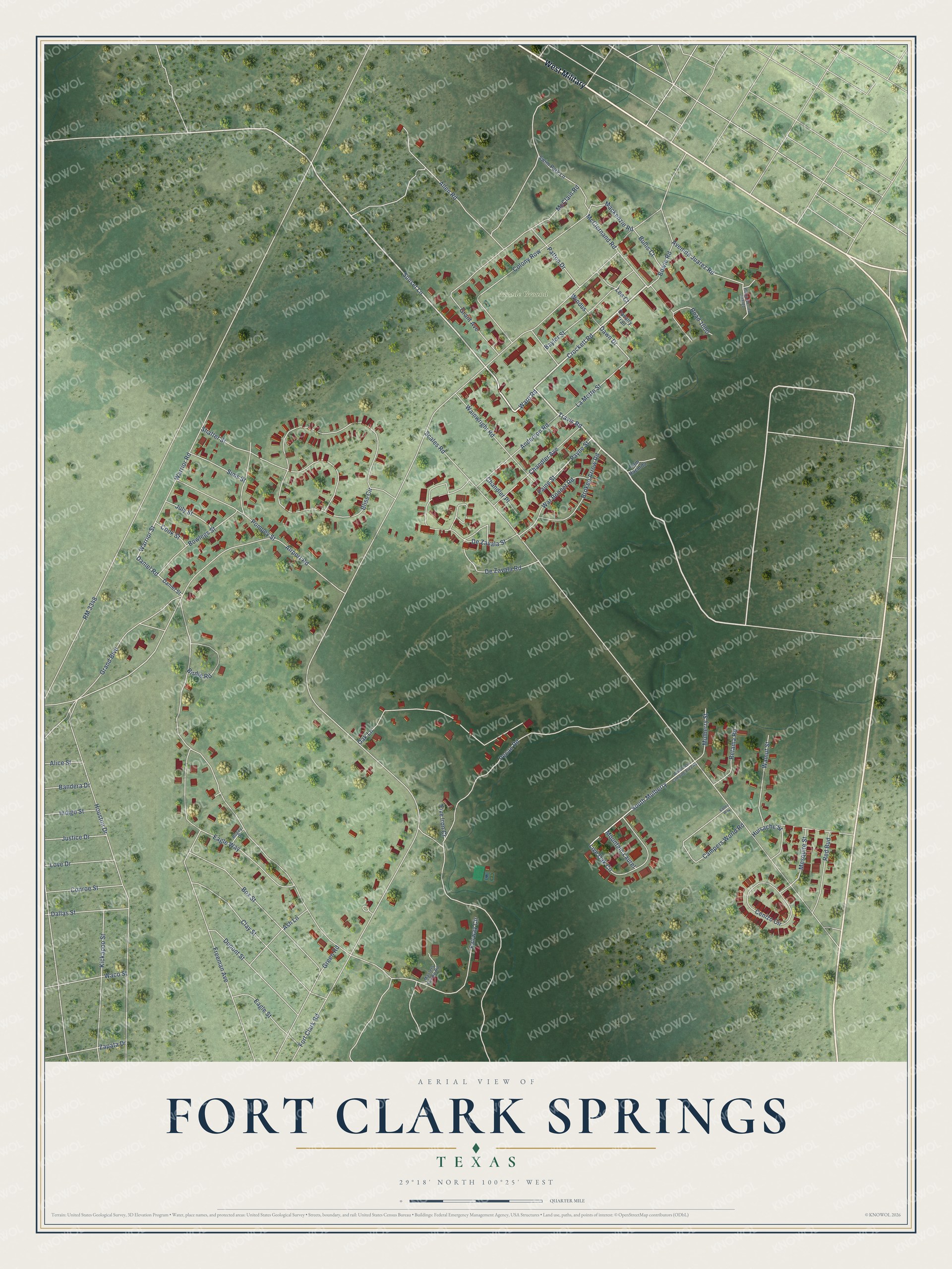 Full map of Fort Clark Springs, Texas, with red buildings, printed street names and the land around them
