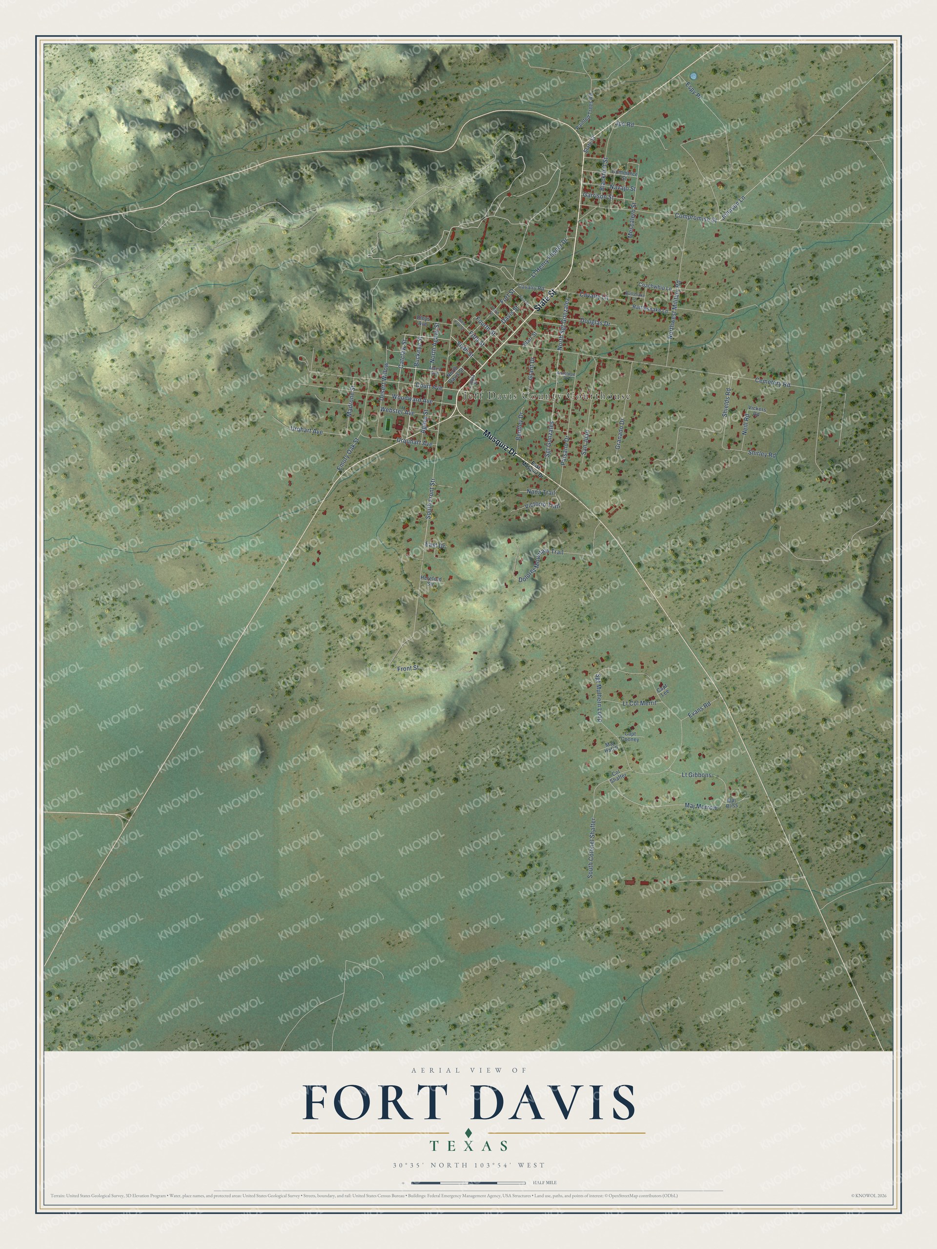 Full map of Fort Davis, Texas, with red buildings, printed street names and the land around them