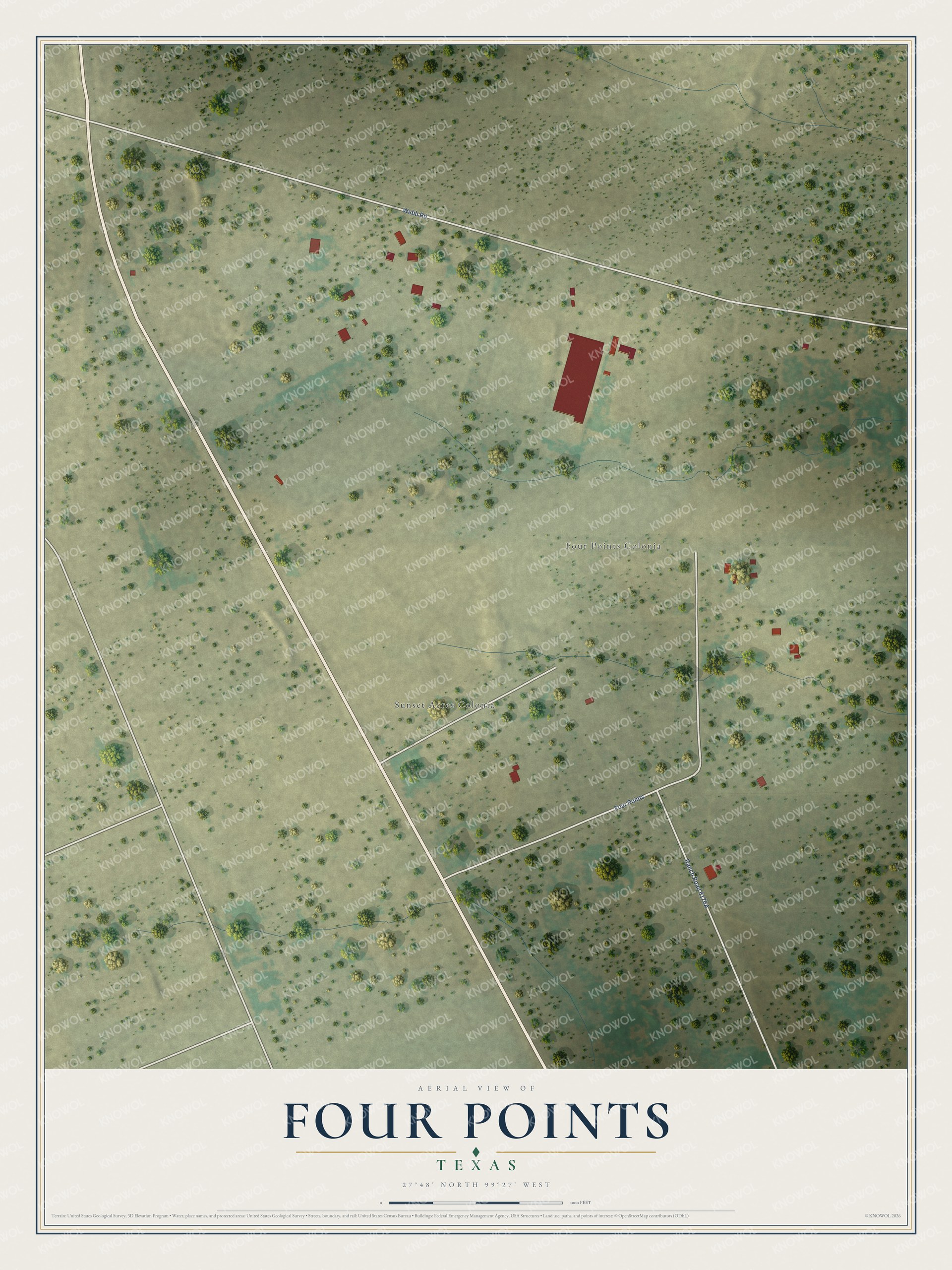 Full map of Four Points, Texas, with red buildings, printed street names and the land around them