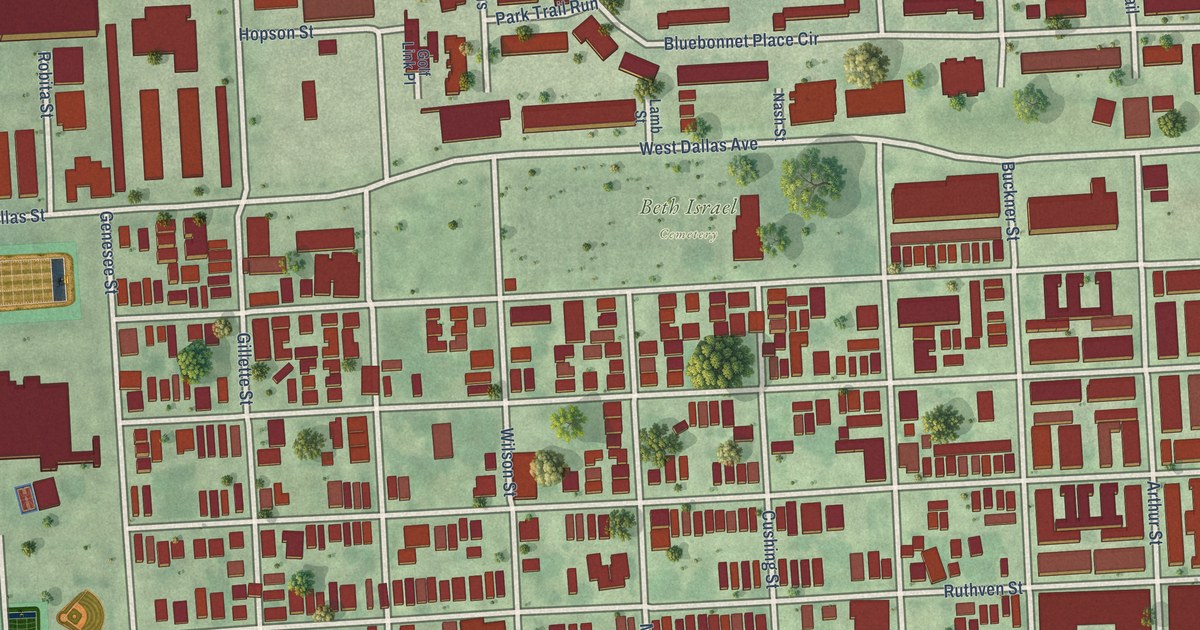 Close-up of streets and buildings in Fourth Ward, Texas
