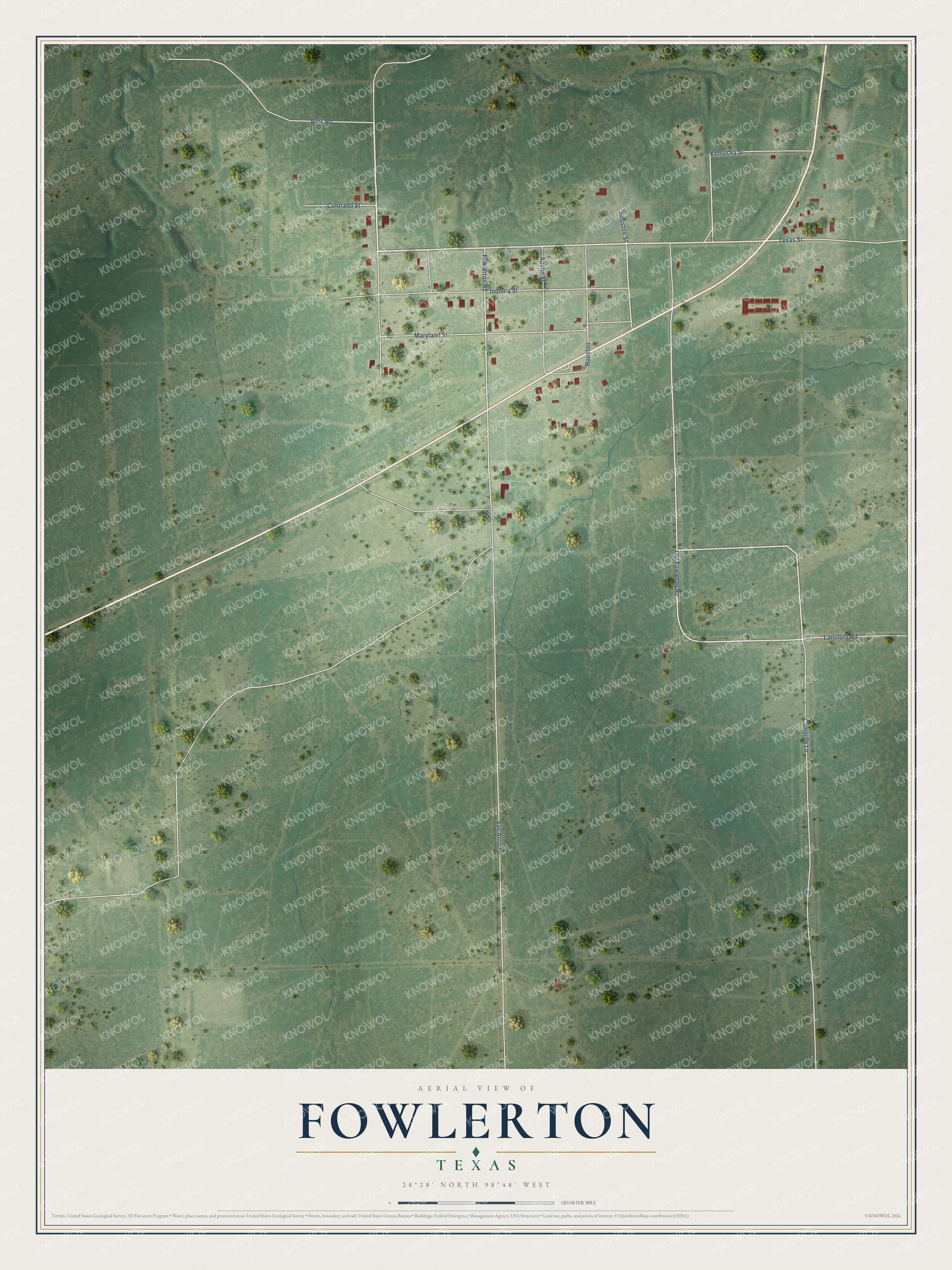 Full map of Fowlerton, Texas, with red buildings, printed street names and the land around them