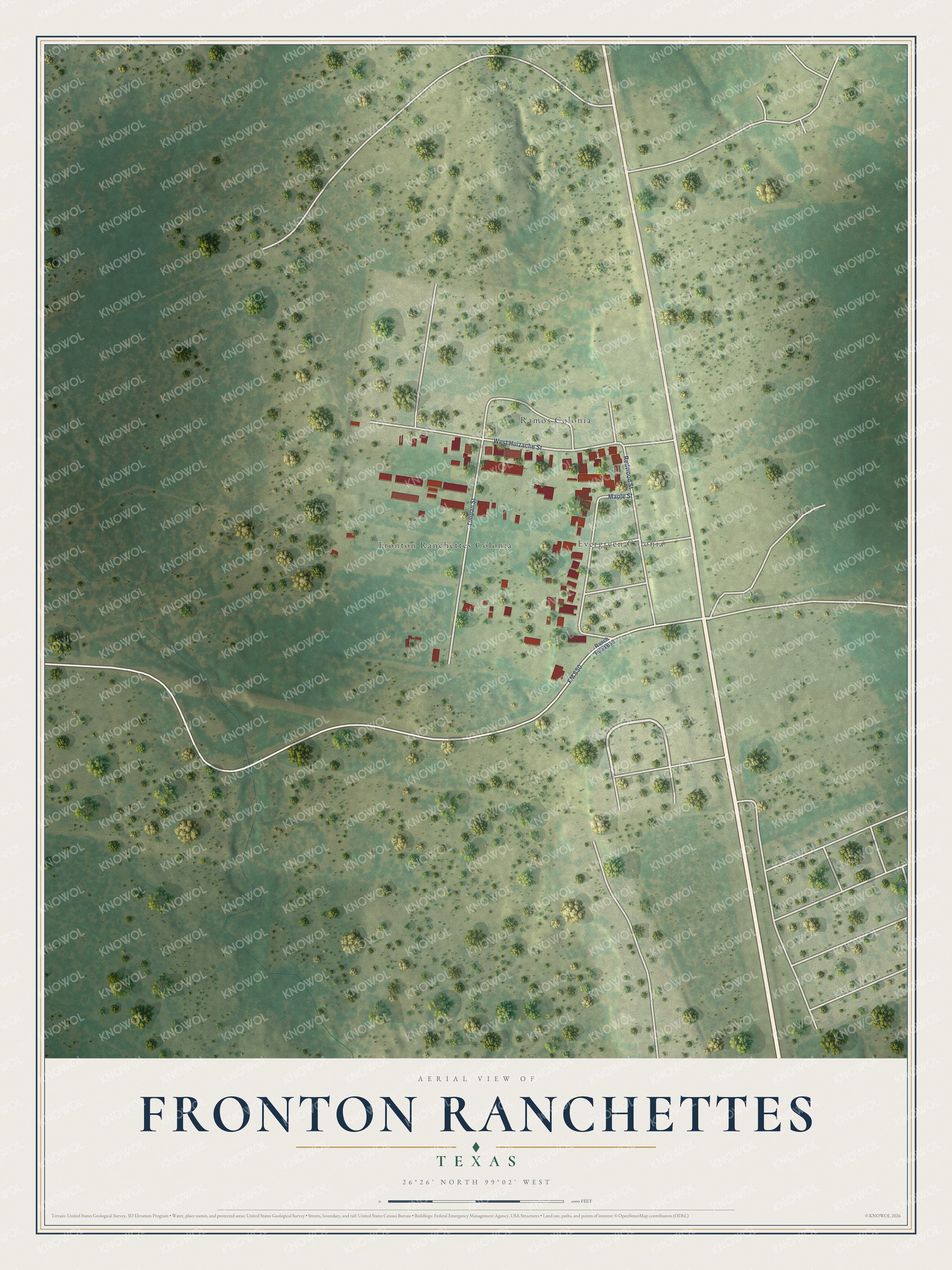 Full map of Fronton Ranchettes, Texas, with red buildings, printed street names and the land around them