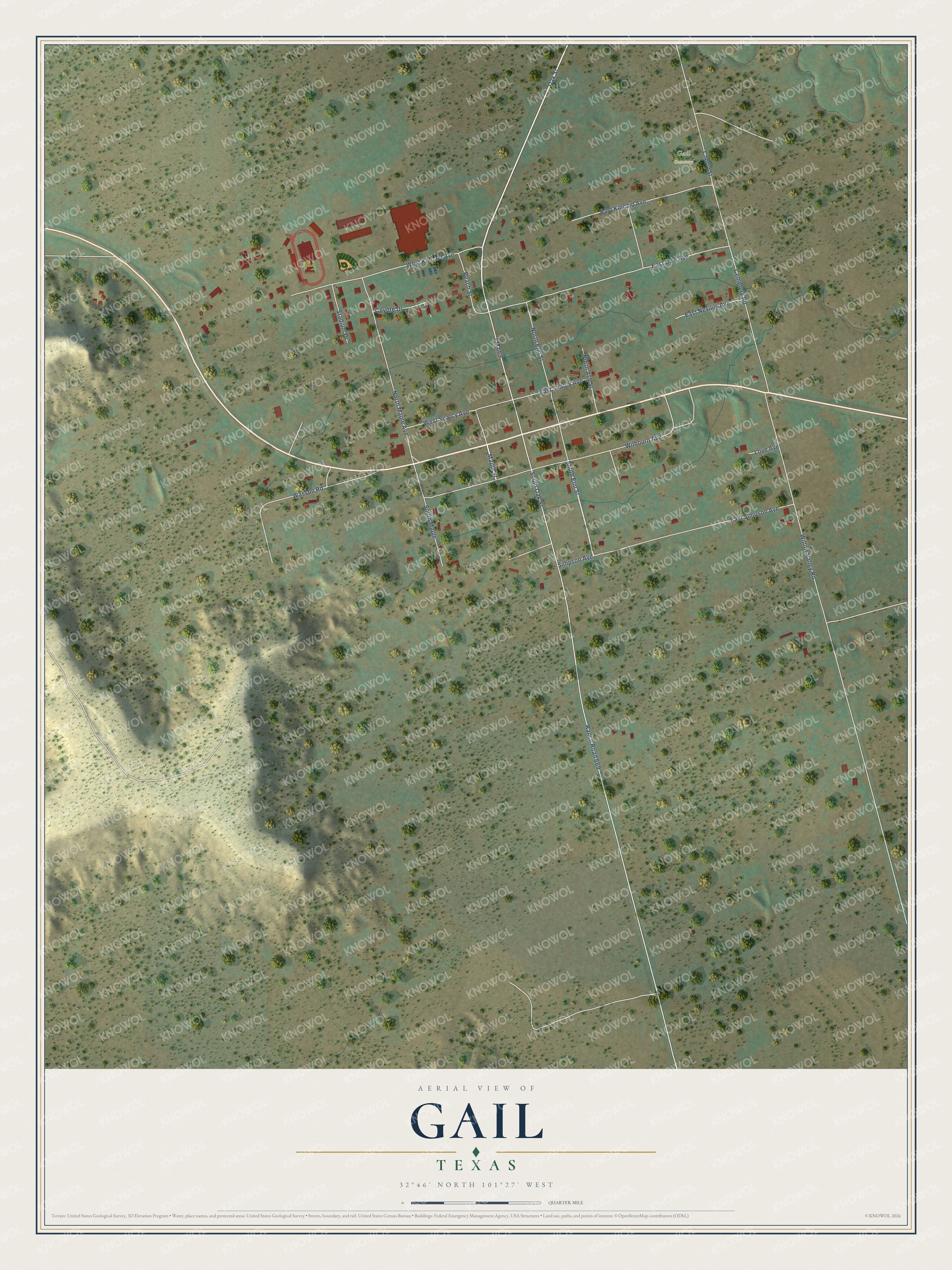 Full map of Gail, Texas, with red buildings, printed street names and the land around them