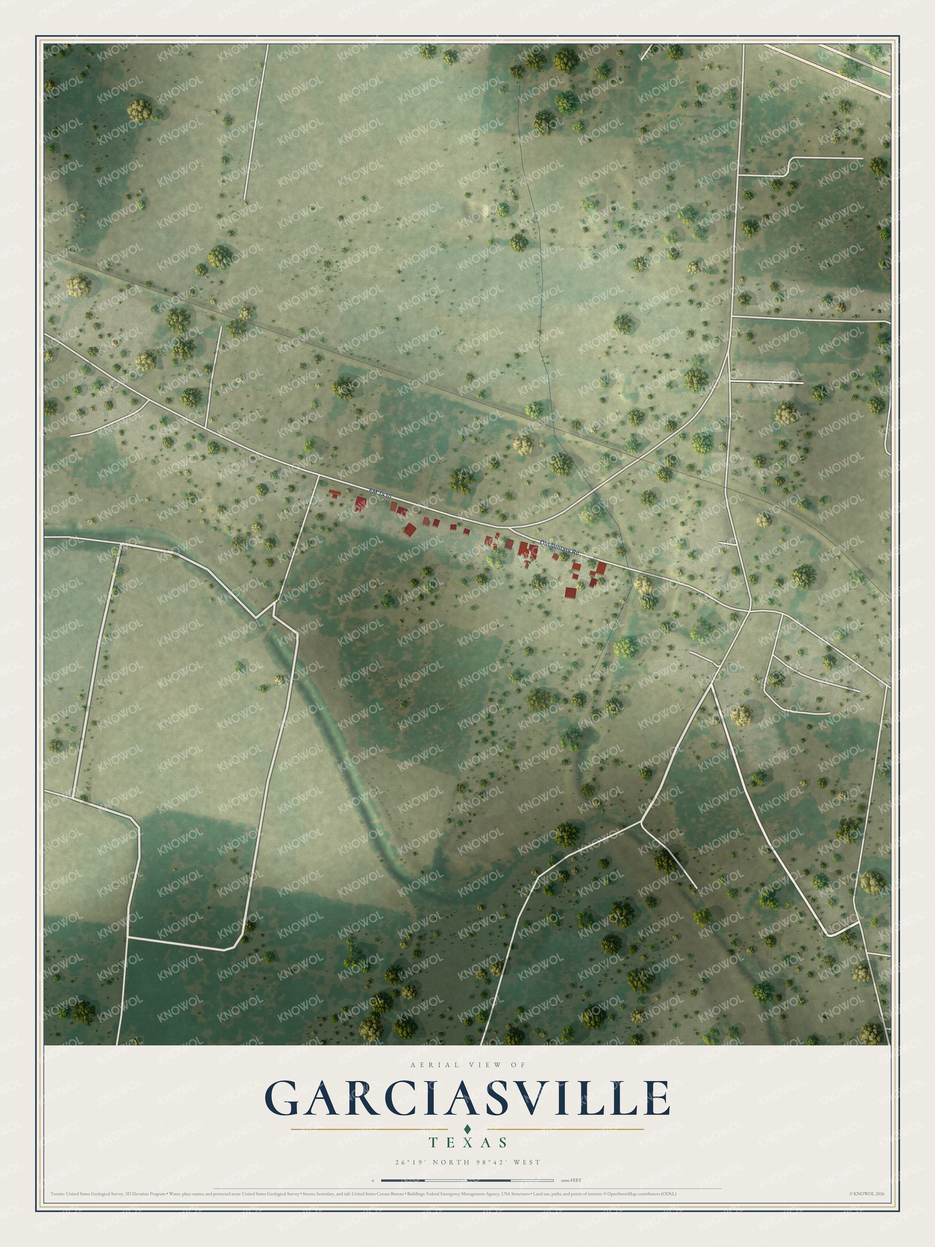 Full map of Garciasville, Texas, with red buildings, printed street names and the land around them