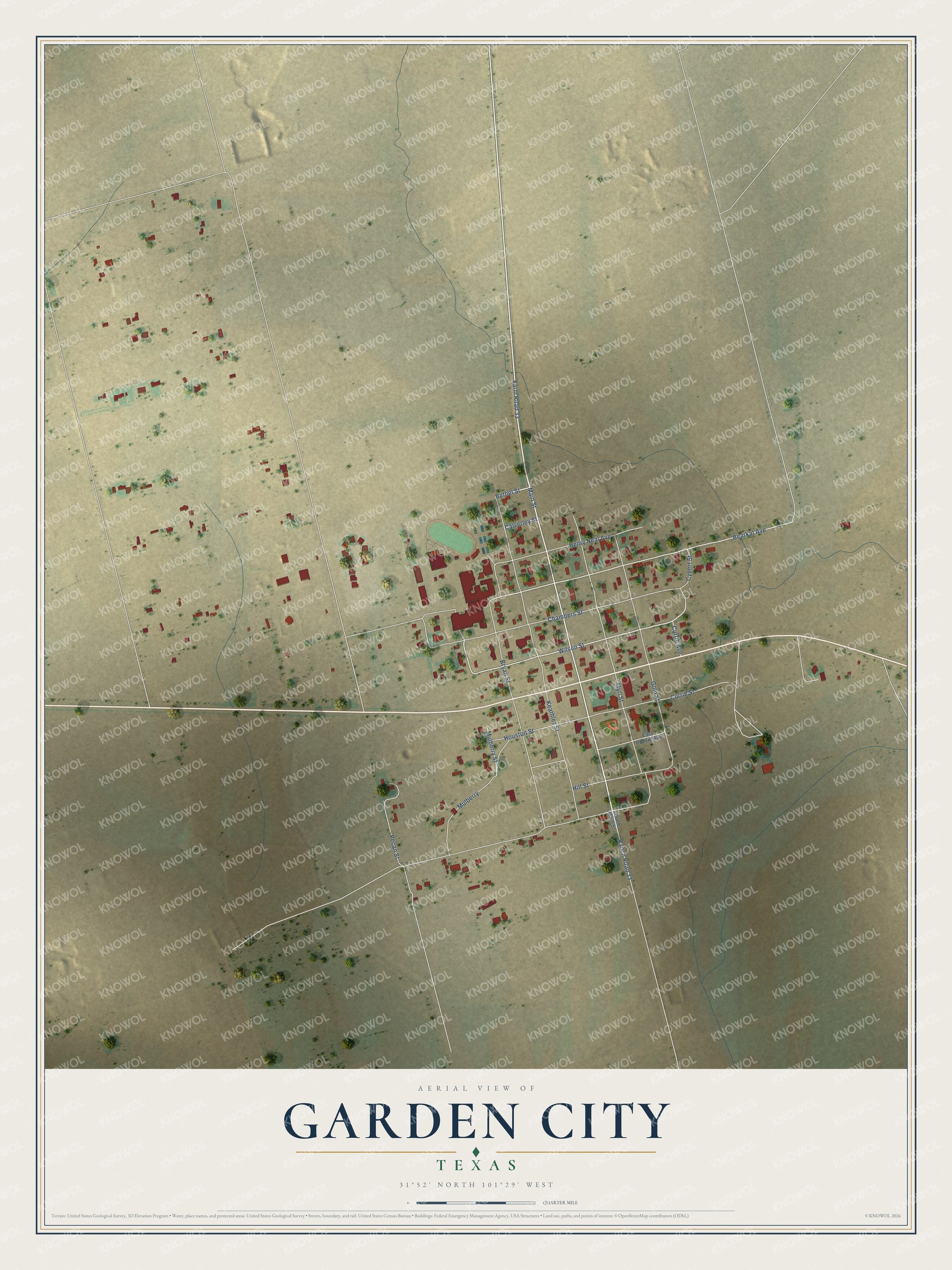 Full map of Garden City, Texas, with red buildings, printed street names and the land around them