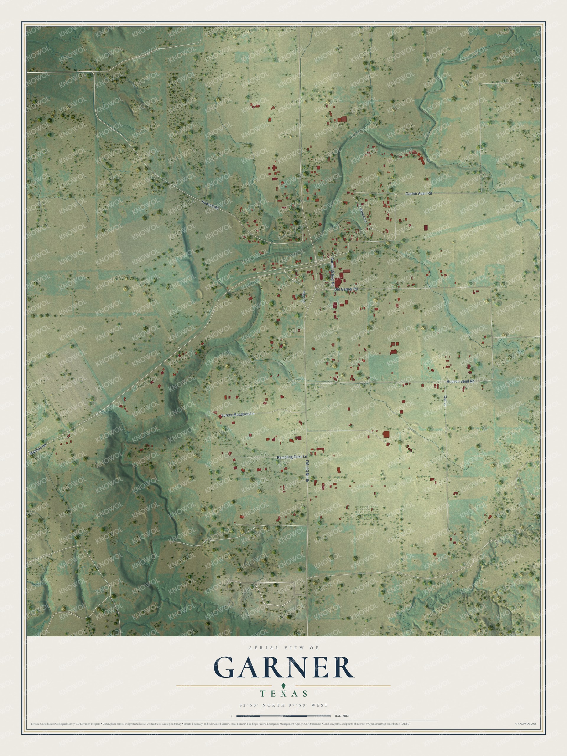 Full map of Garner, Texas, with red buildings, printed street names and the land around them