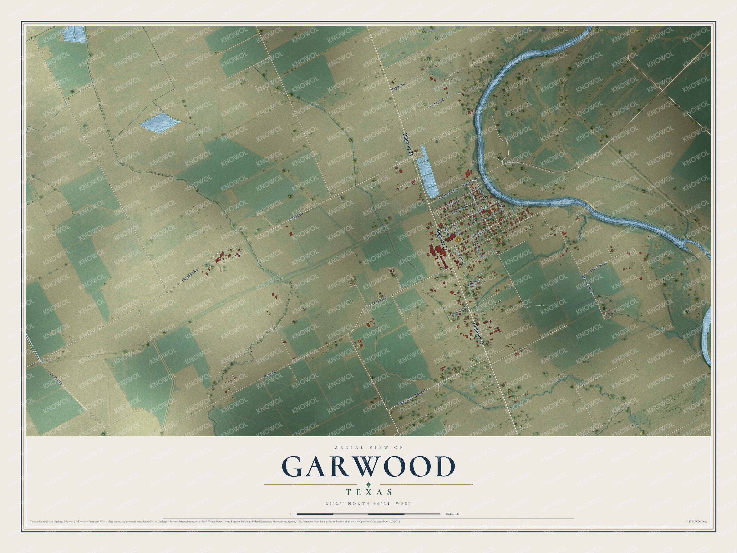 Full map of Garwood, Texas, with red buildings, printed street names and the land around them
