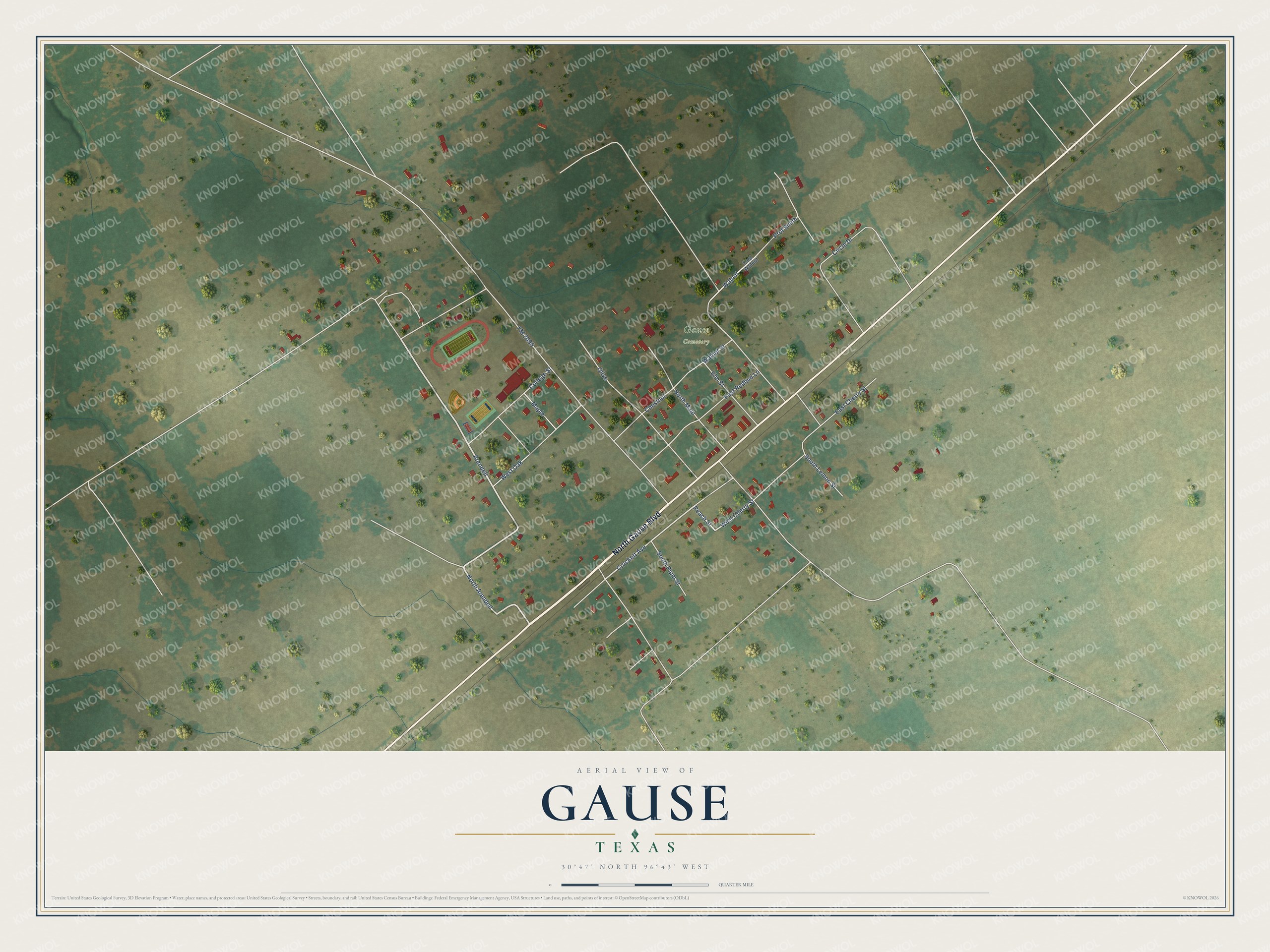 Full map of Gause, Texas, with red buildings, printed street names and the land around them