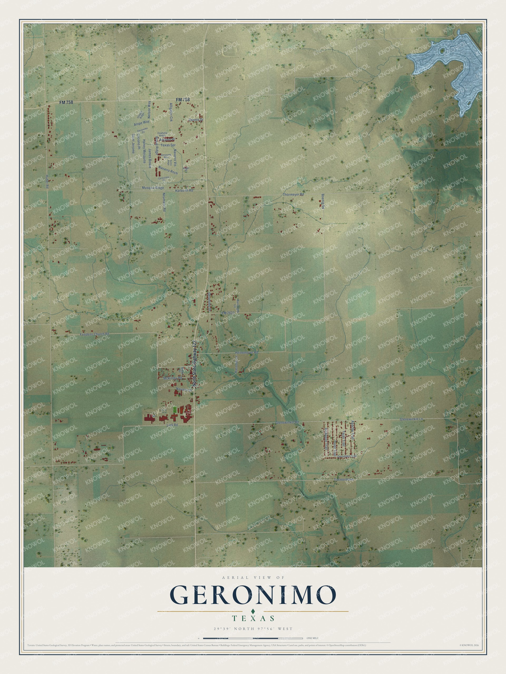 Full map of Geronimo, Texas, with red buildings, printed street names and the land around them