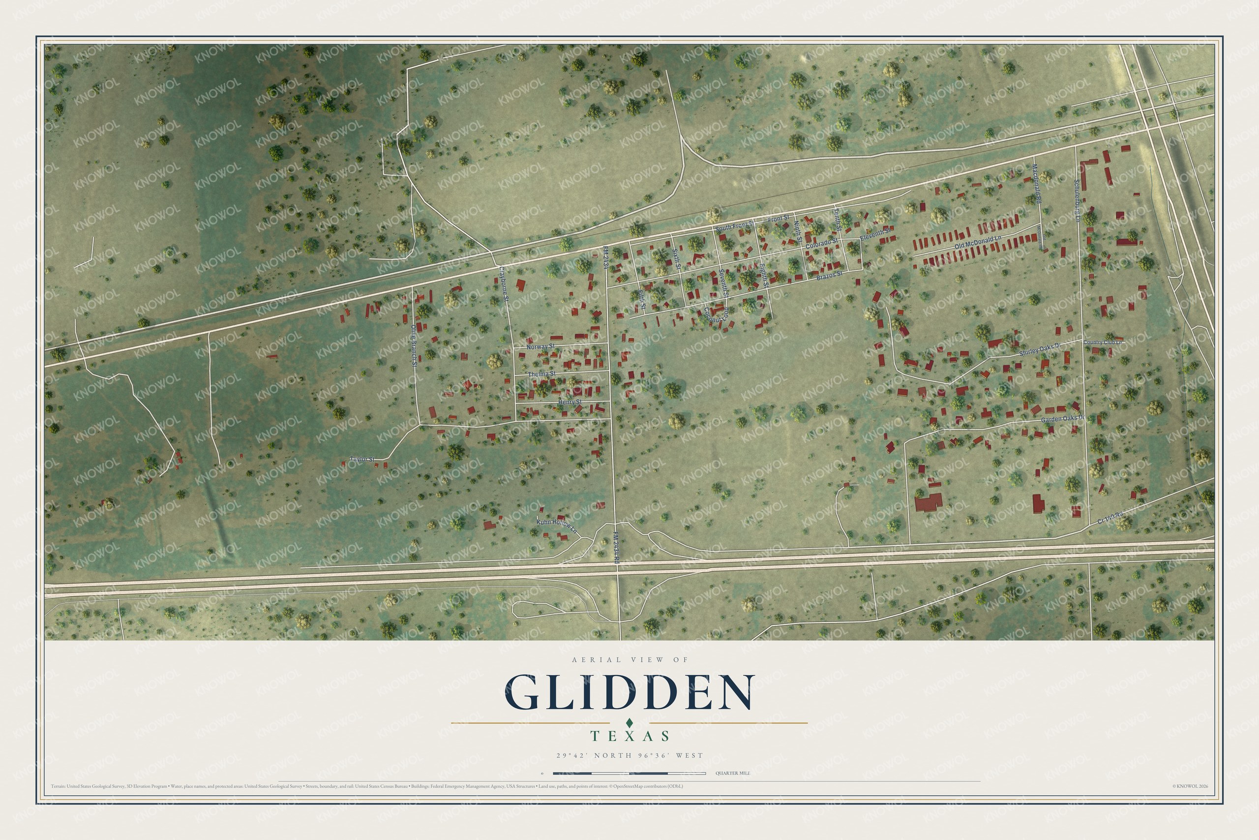 Full map of Glidden, Texas, with red buildings, printed street names and the land around them