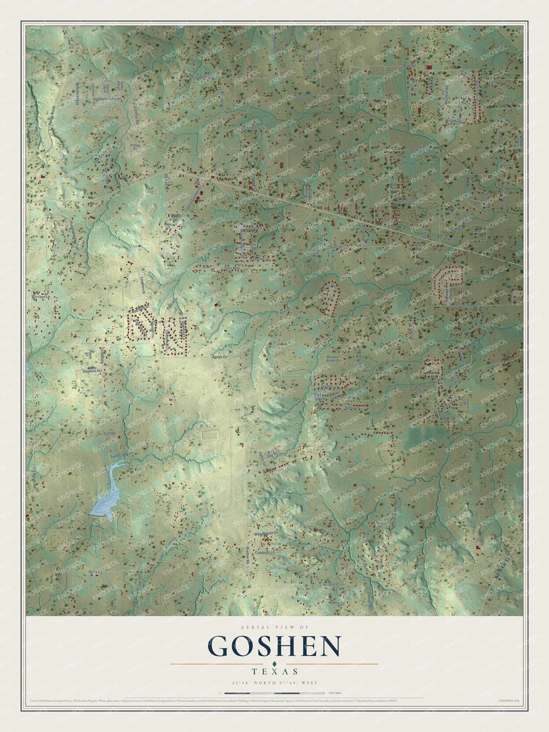 Full map of Goshen, Texas, with red buildings, printed street names and the land around them