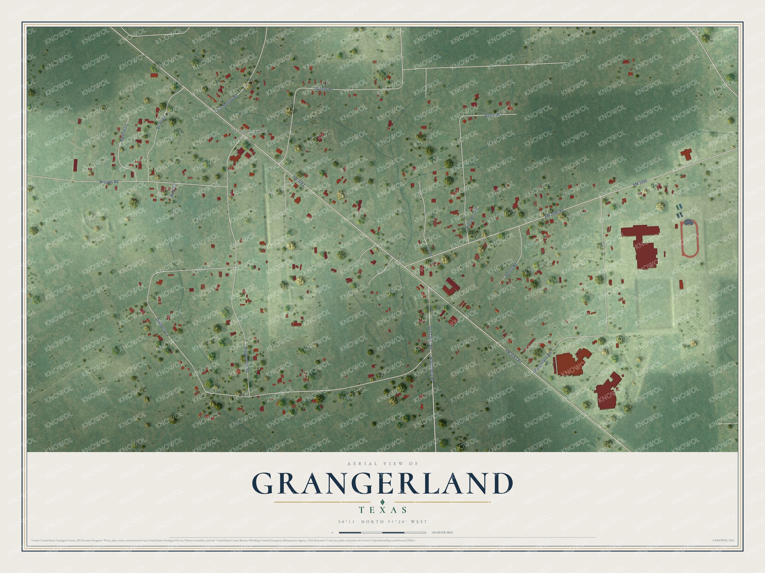 Full map of Grangerland, Texas, with red buildings, printed street names and the land around them