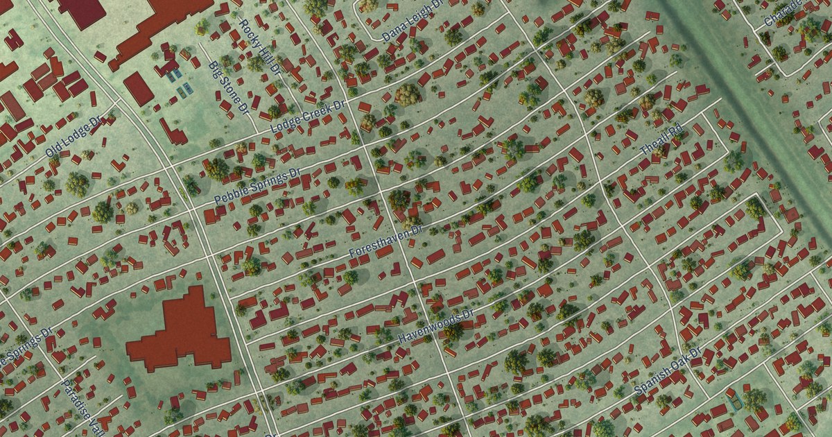Close-up of streets and buildings in Greenwood Forest, Texas