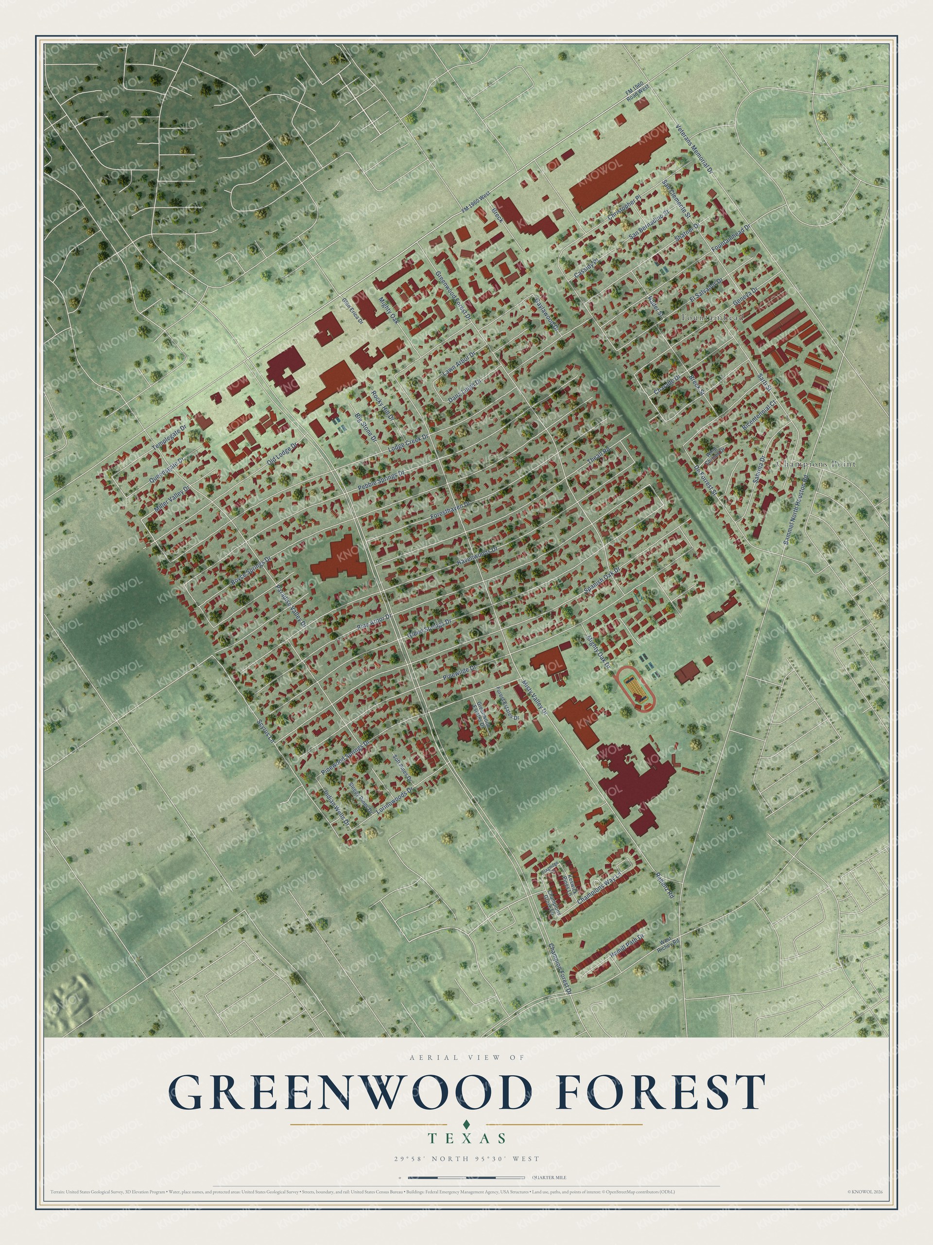 Full map of Greenwood Forest, Texas, with red buildings, printed street names and the land around them
