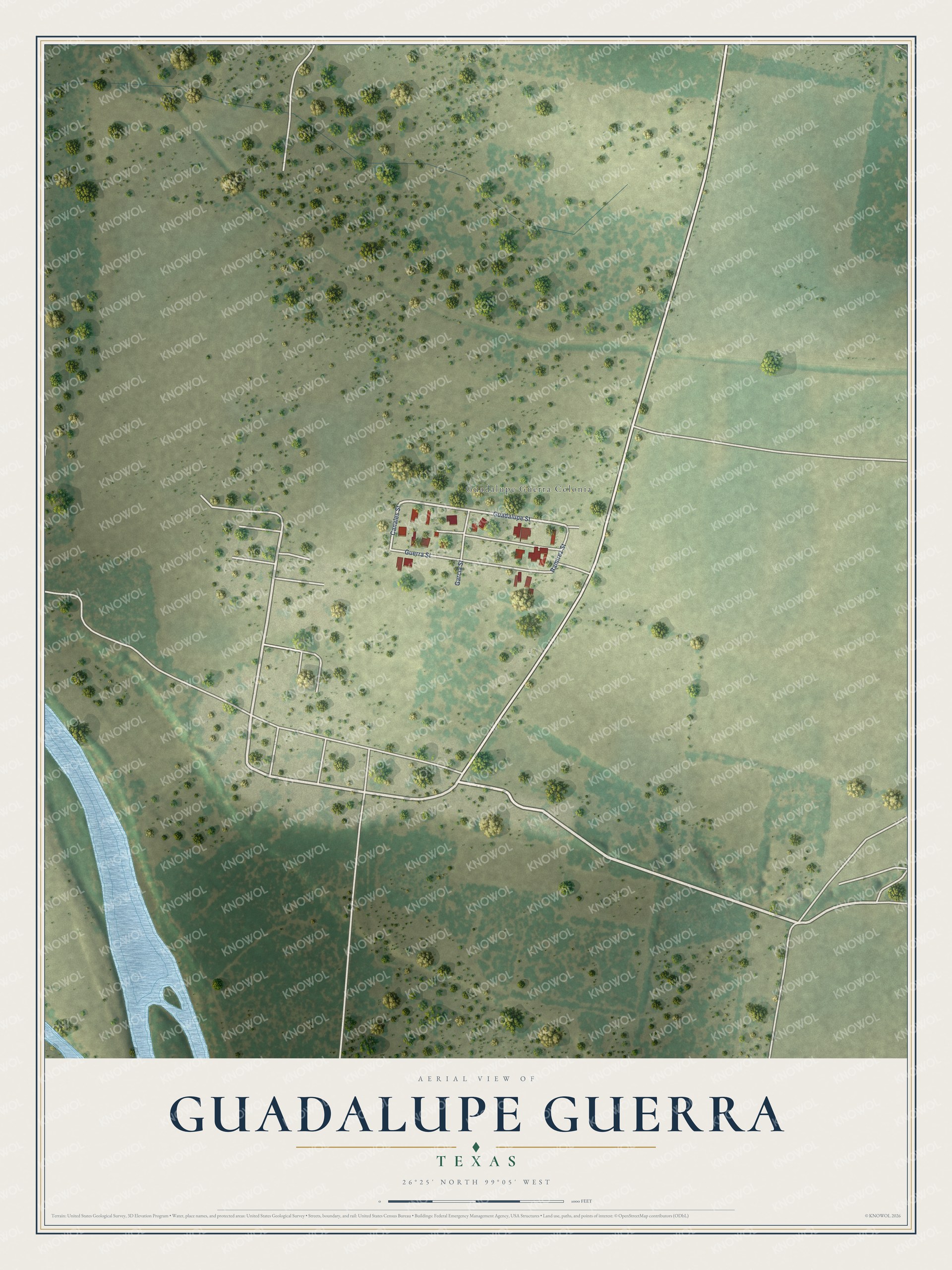 Full map of Guadalupe Guerra, Texas, with red buildings, printed street names and the land around them