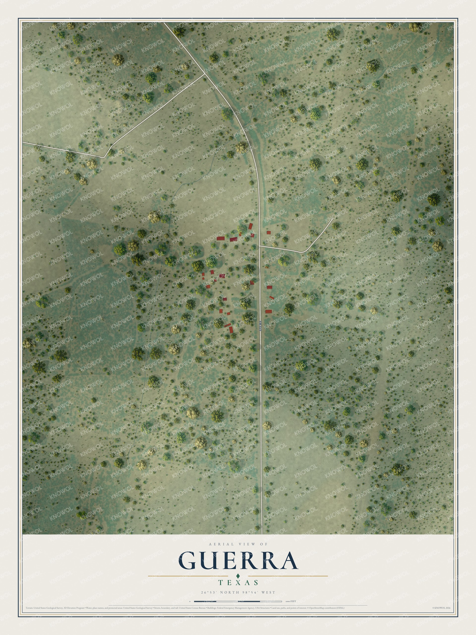 Full map of Guerra, Texas, with red buildings, printed street names and the land around them
