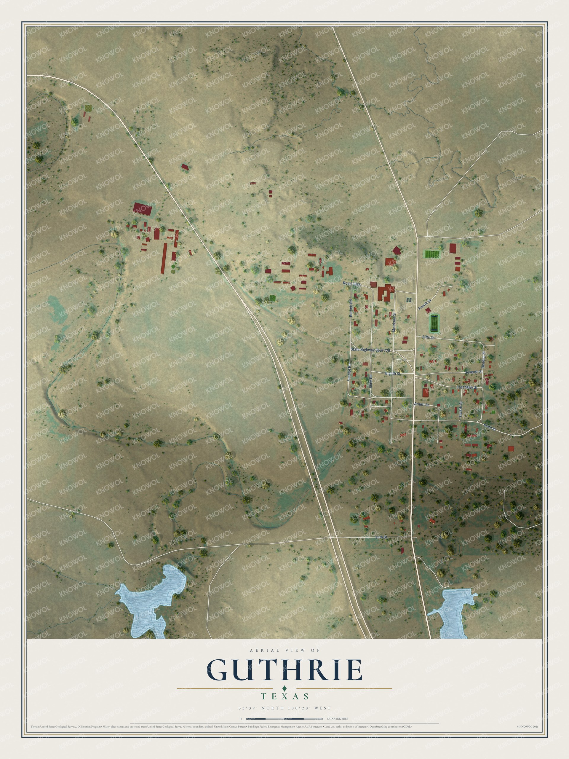 Full map of Guthrie, Texas, with red buildings, printed street names and the land around them